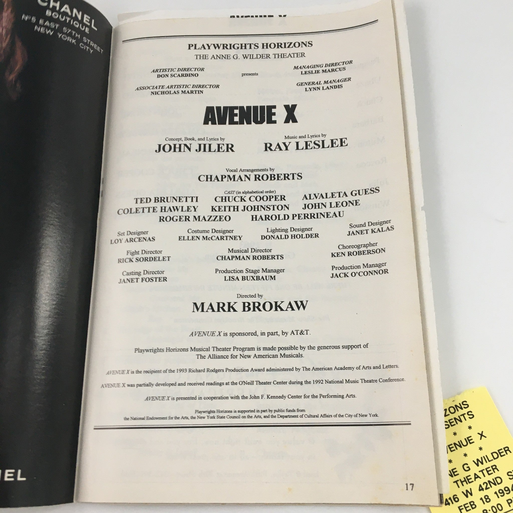 1994 Playbill Playwrights Horizons 'Avenue X' Ted Brunetti, Chuck Cooper