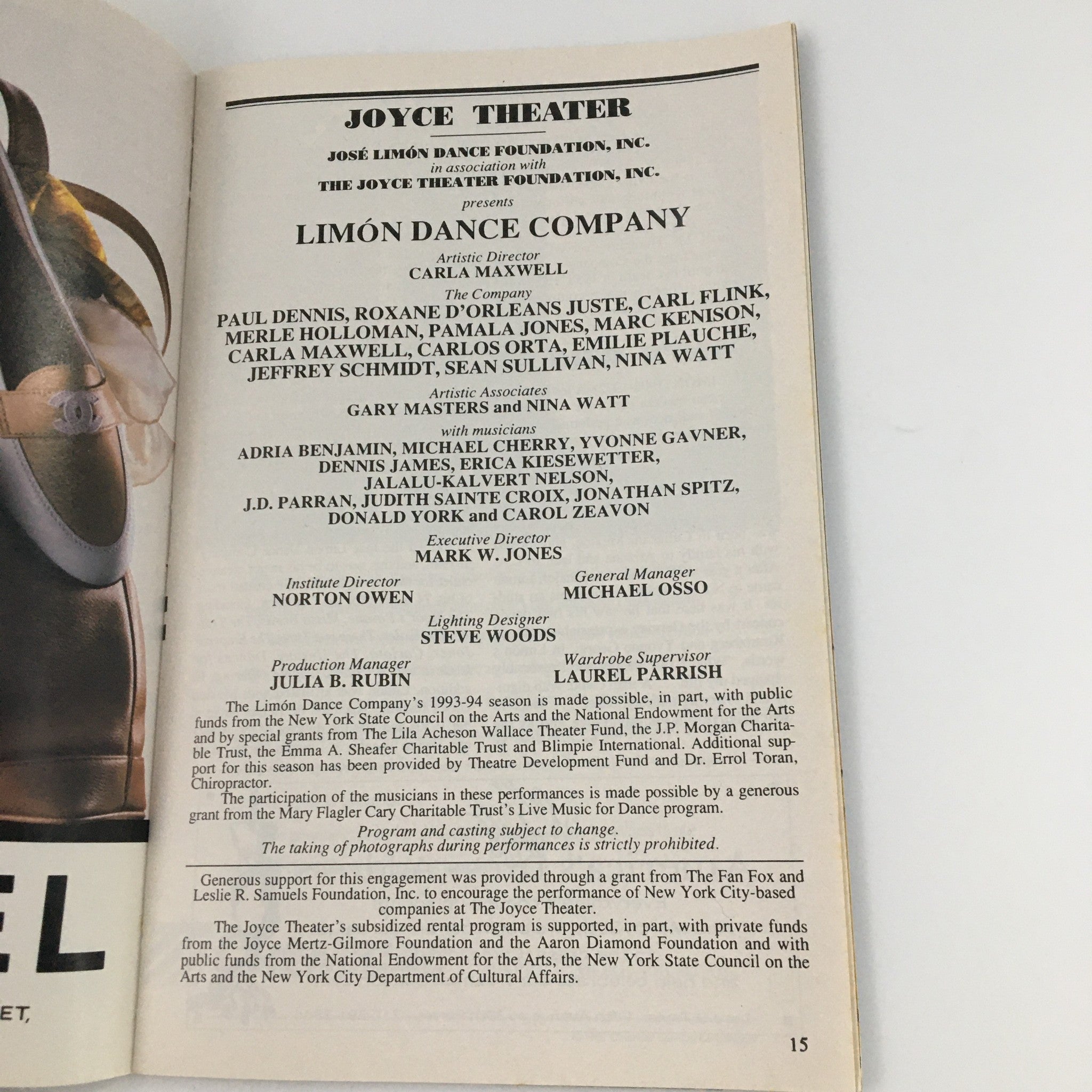 1994 Playbill Joyce Theater 'Limon Dance Company' Paul Dennis, Carl Flink