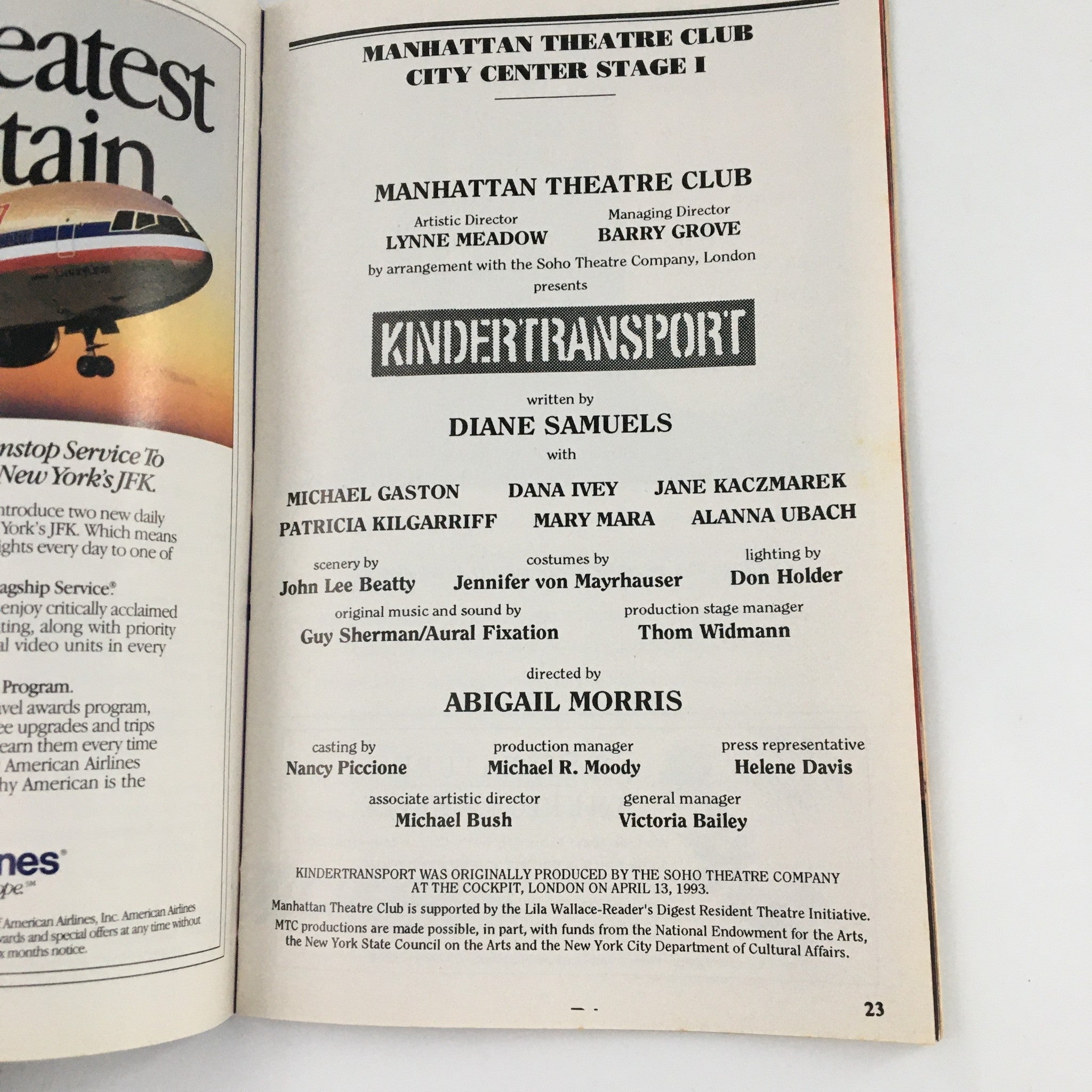 1994 Playbill Manhattan Theatre Club 'Kindertransport' Michael Gaston, Dana Ivey