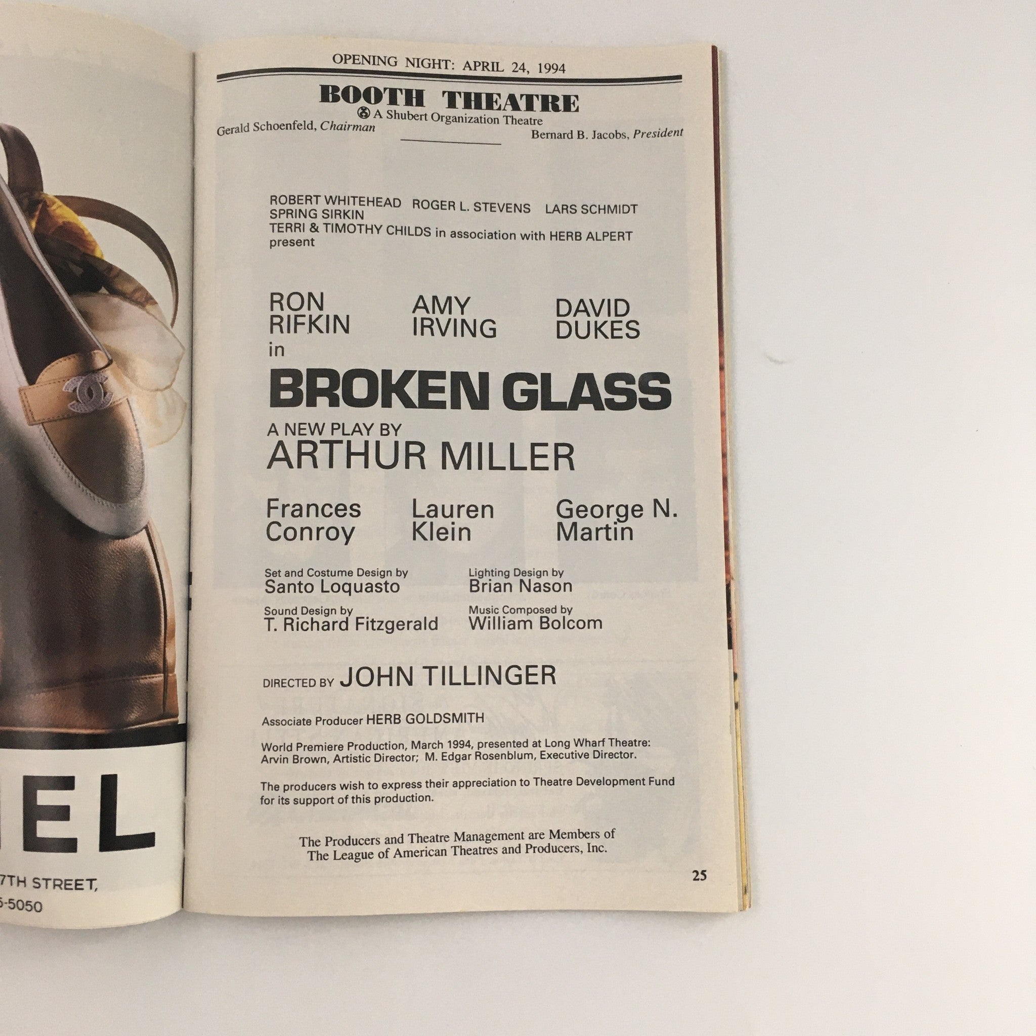 1994 Playbill Booth Theatre 'Broken Glass' Frances Conroy and Lauren Klein