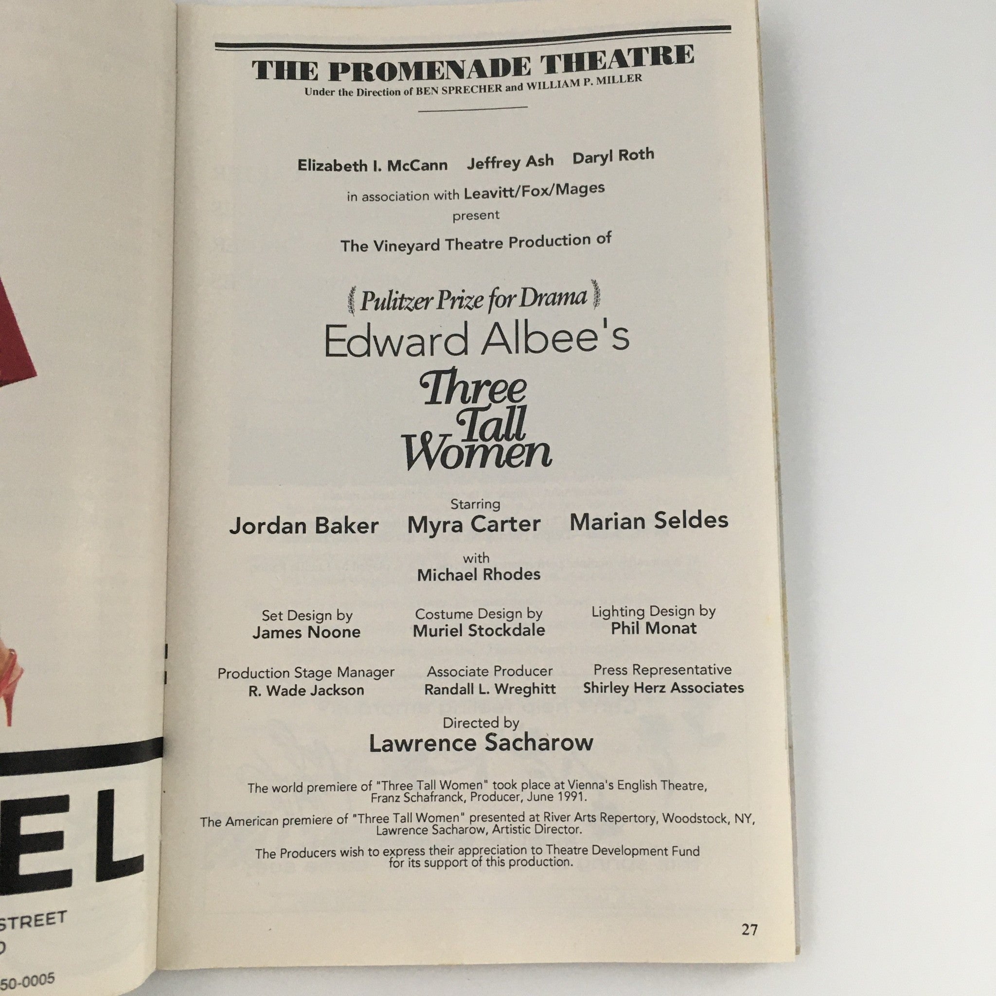 1995 Playbill The Promenade Theatre 'Three Tall Women' Elizabeth McCann