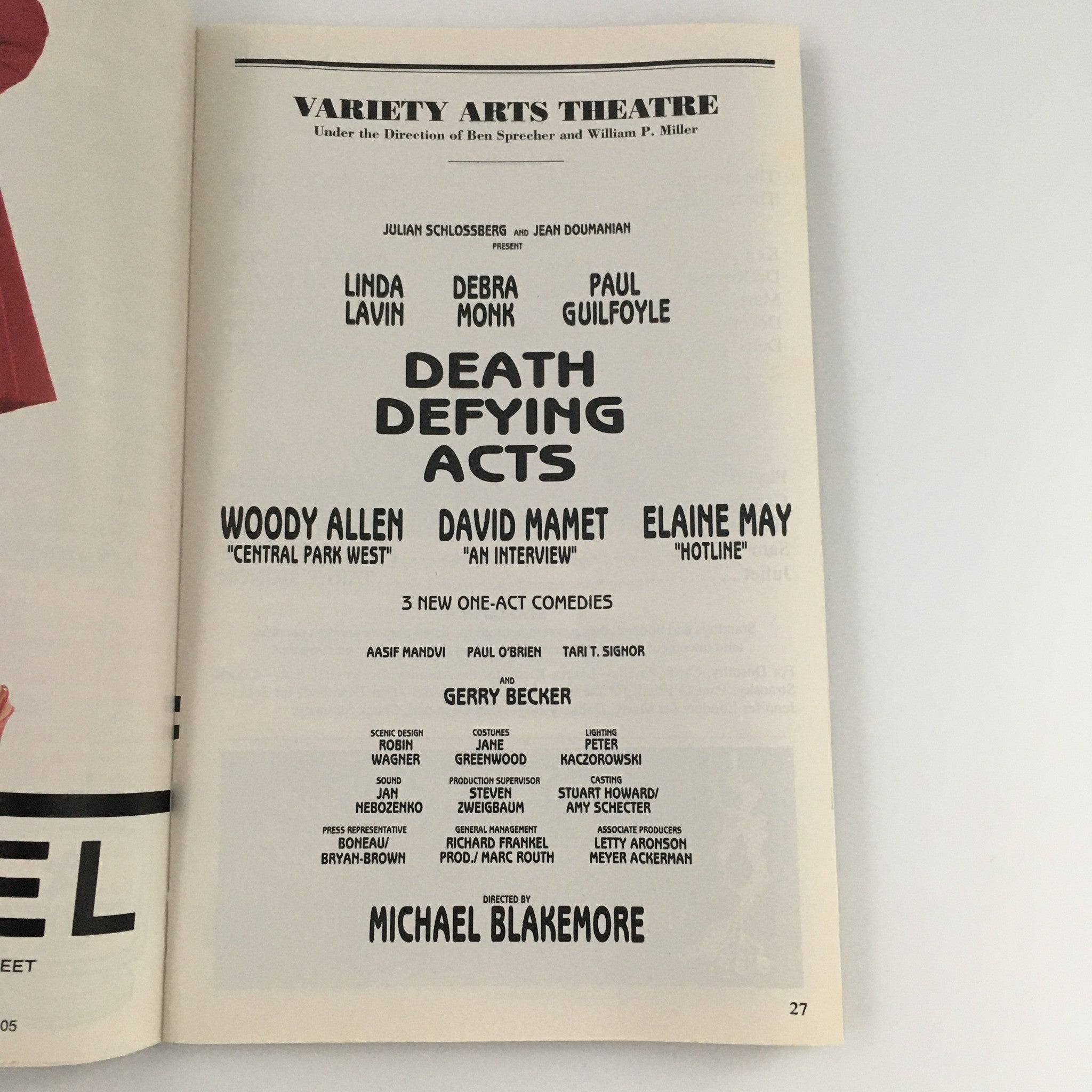 1995 Playbill Variety Arts Theatre 'Death Defying Acts' Woody Allen, David Mamet