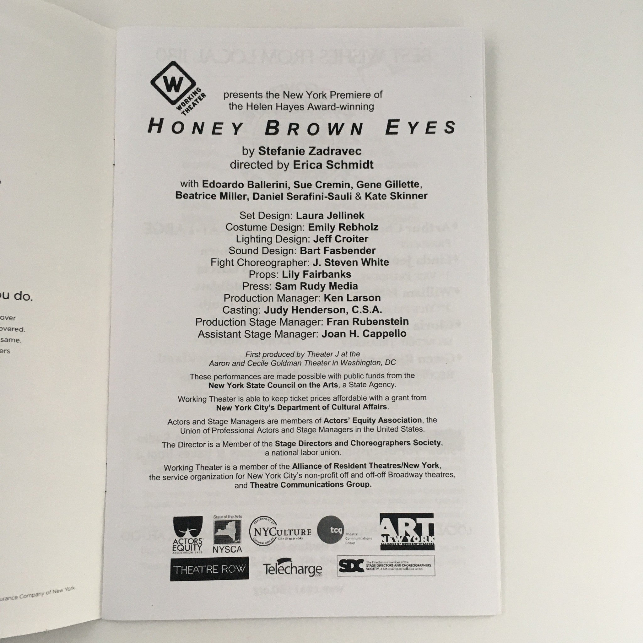 2015 Working Theater 'Honey Brown Eyes' Edoardo Ballerini and Sue Cremin