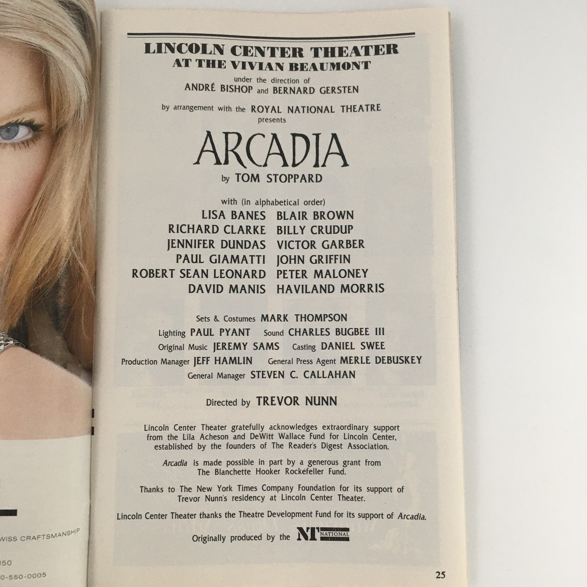 1995 Playbill Lincoln Center Theater 'Arcadia' Lisa Banes, Blair Brown