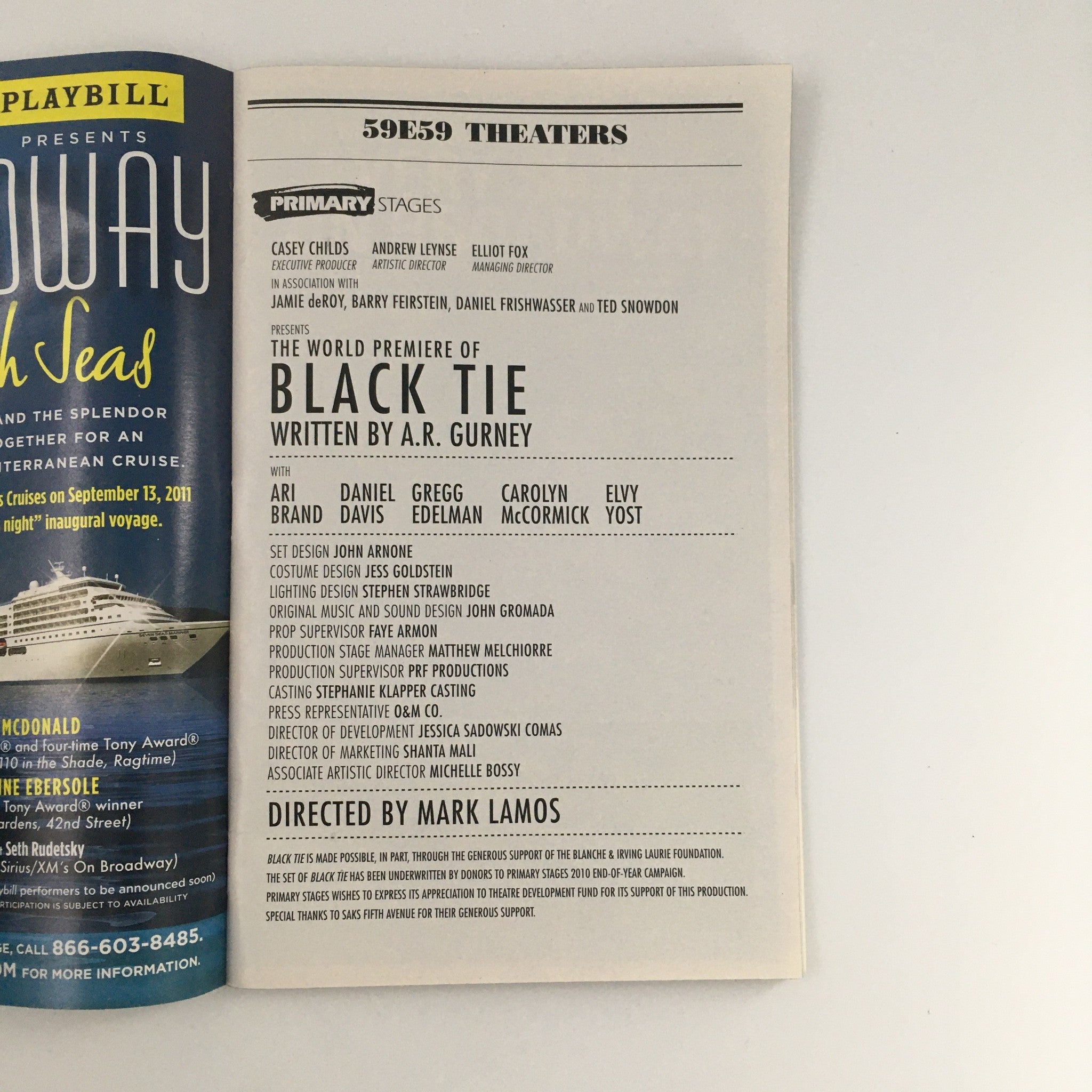 2011 Playbill 59E59 Theaters 'Black Tie' Ari Brand, Daniel Davis, Elvy Yost