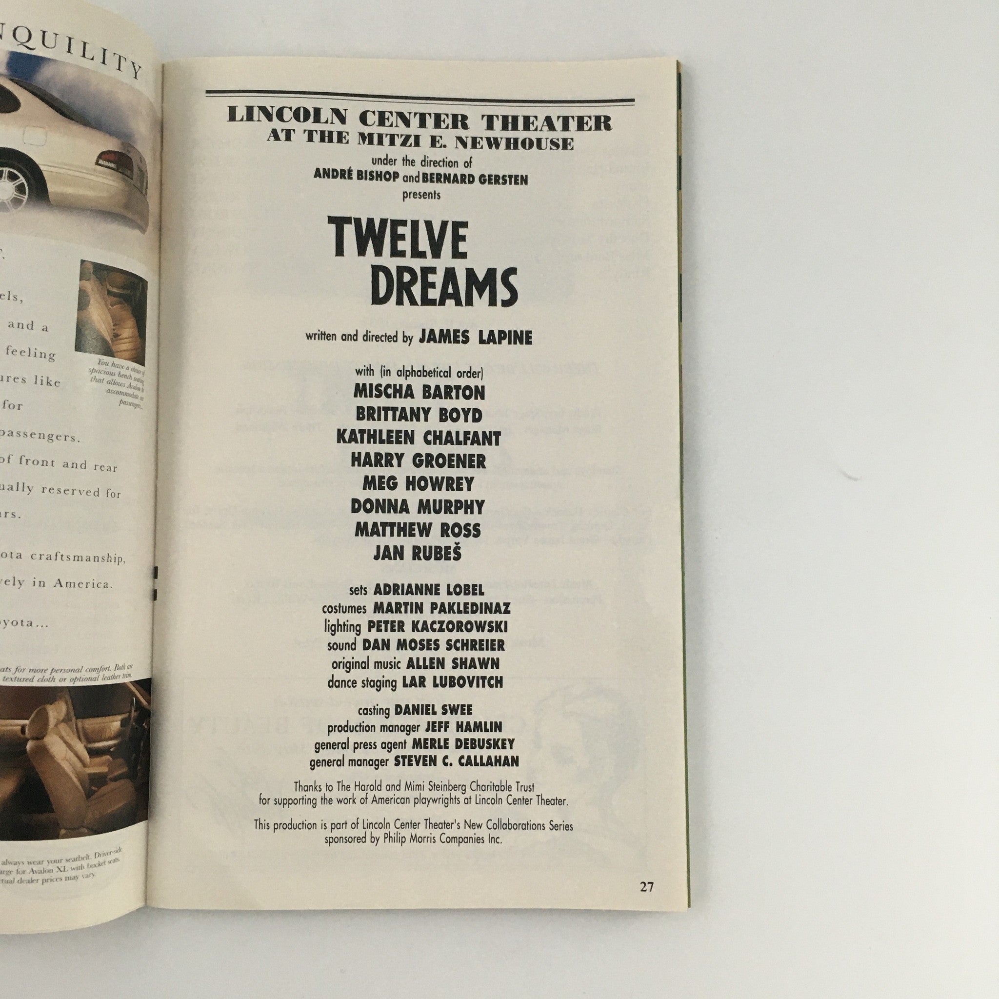 1995 Playbill Mitzi E. Newhouse 'Twelve Dreams' Mischa Barton, Brittany Boyd