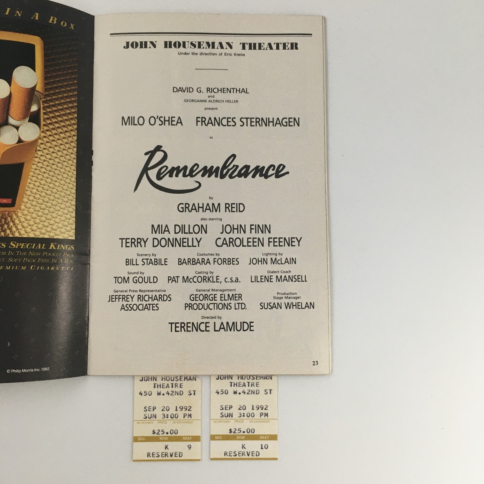 1992 Playbill John Houseman Theater 'Remembrance' Milo O'Shea, Mia Dillon