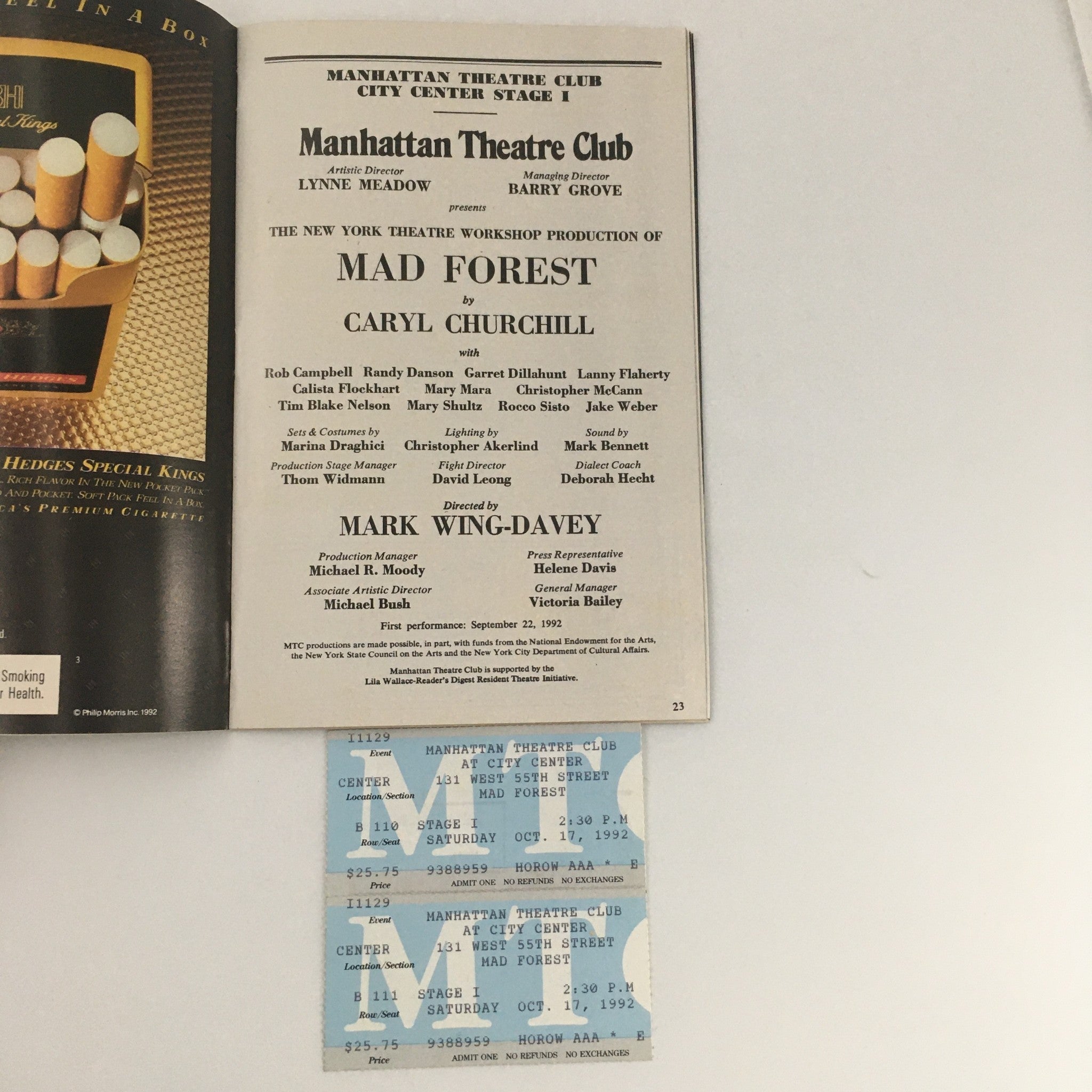 1992 Playbill Manhattan Theatre Club 'Mad Forest' Rob Campbell, Randy Danson