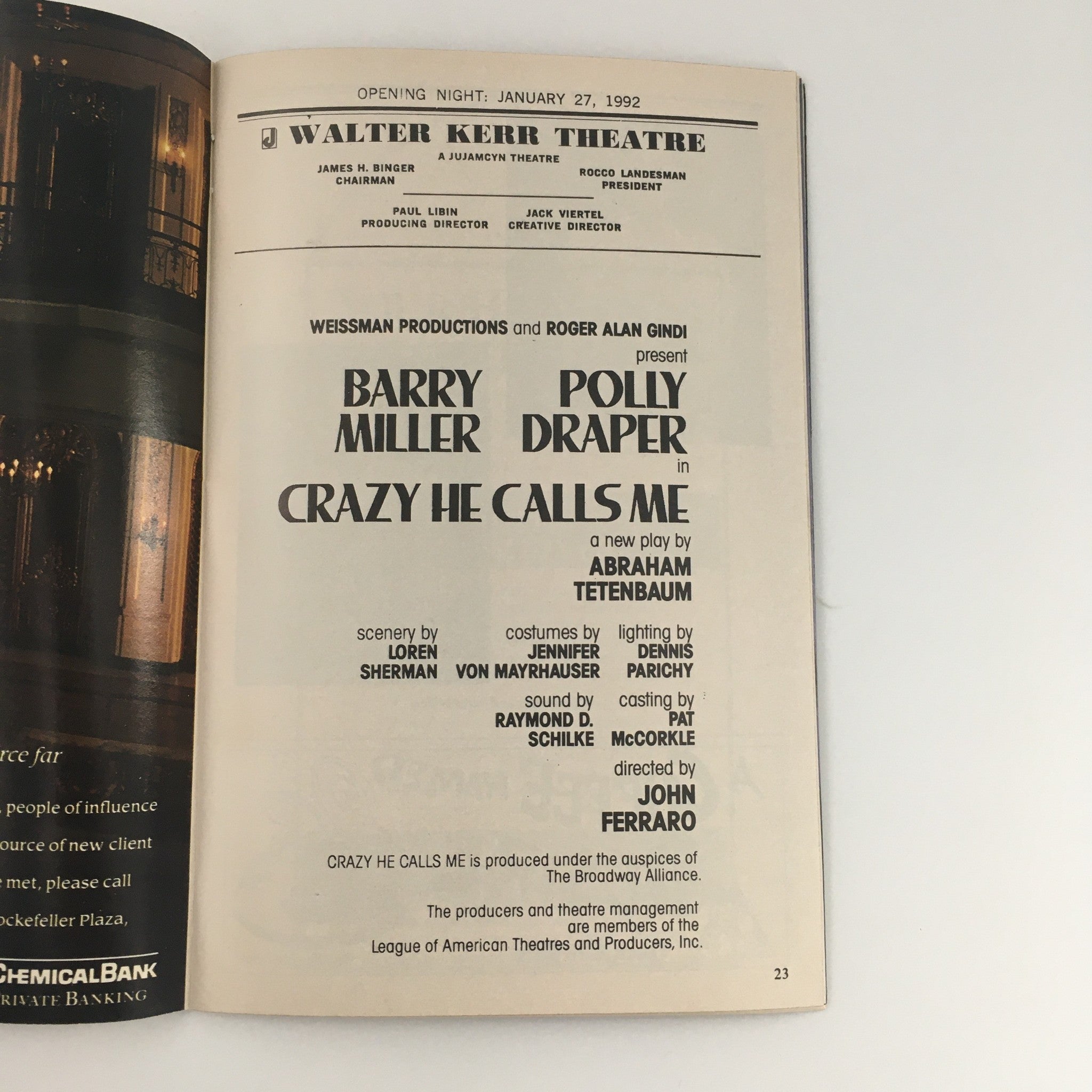 1992 Playbill Walter Kerr Theatre 'Crazy He Calls Me' Barry Miller, Polly Draper