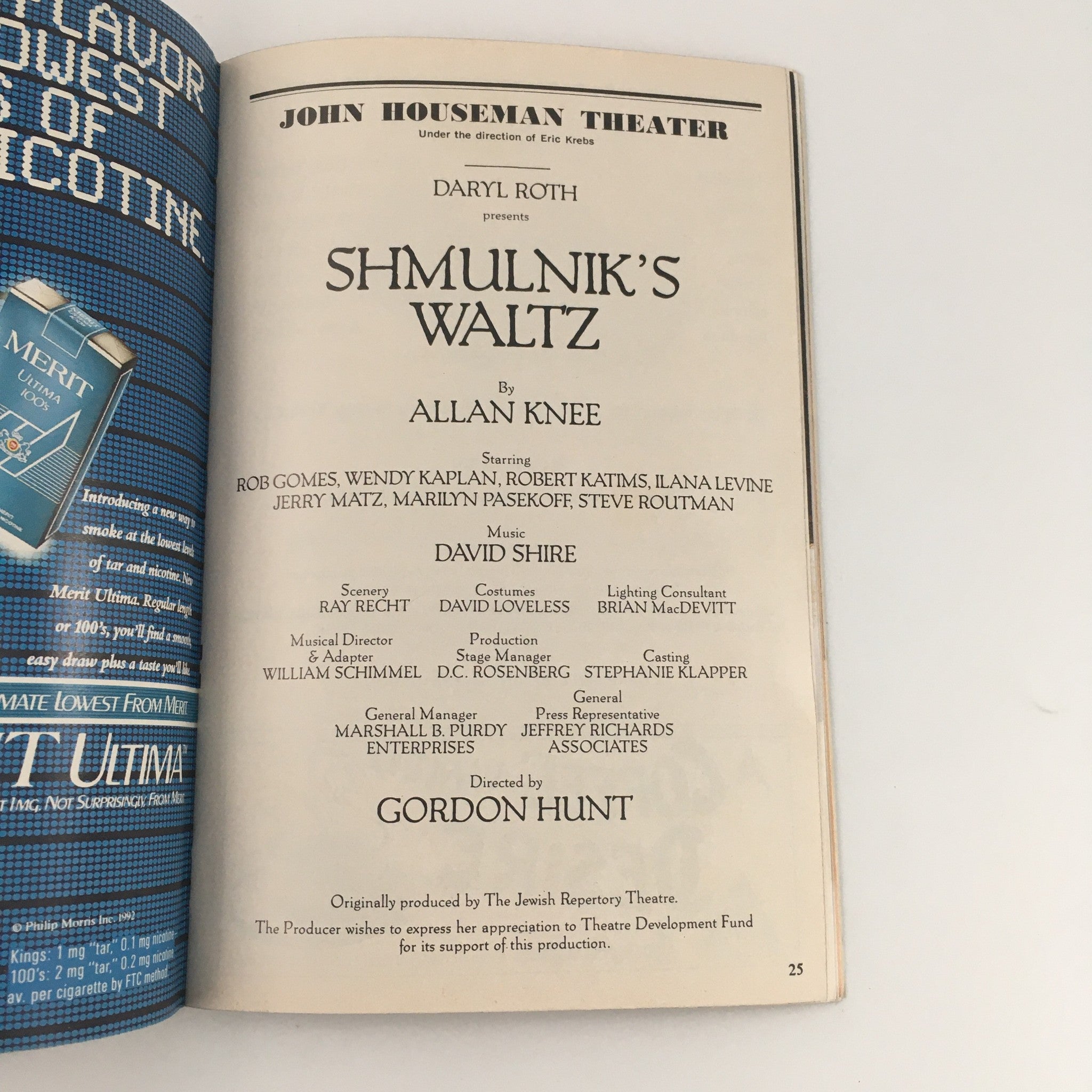 1992 Playbill John Houseman Theatre 'Shmulnik's Waltz' Rob Gomes, Wendy Kaplan