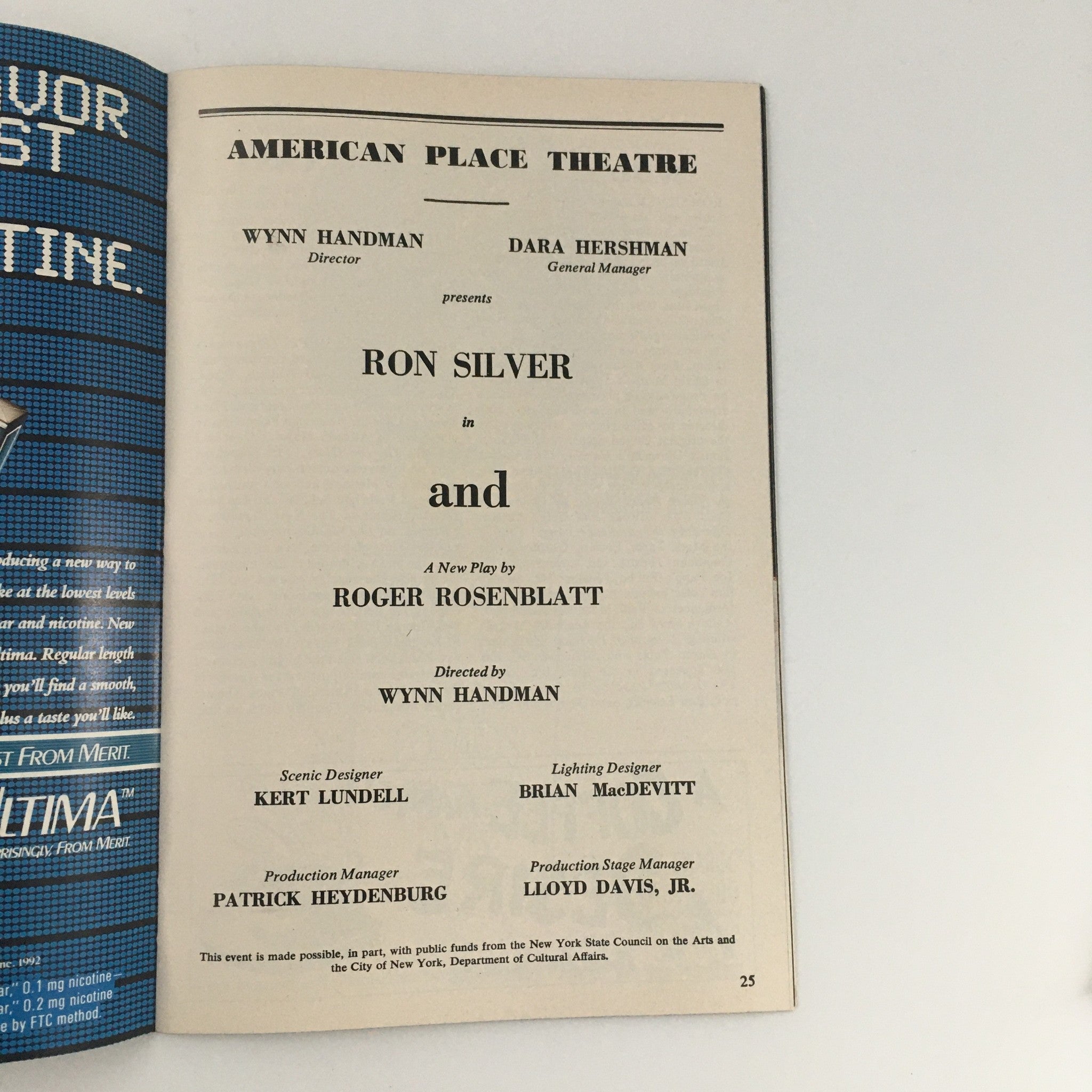 1992 Playbill American Place Theatre 'And' Ron Silver Directed by Wynn Handman