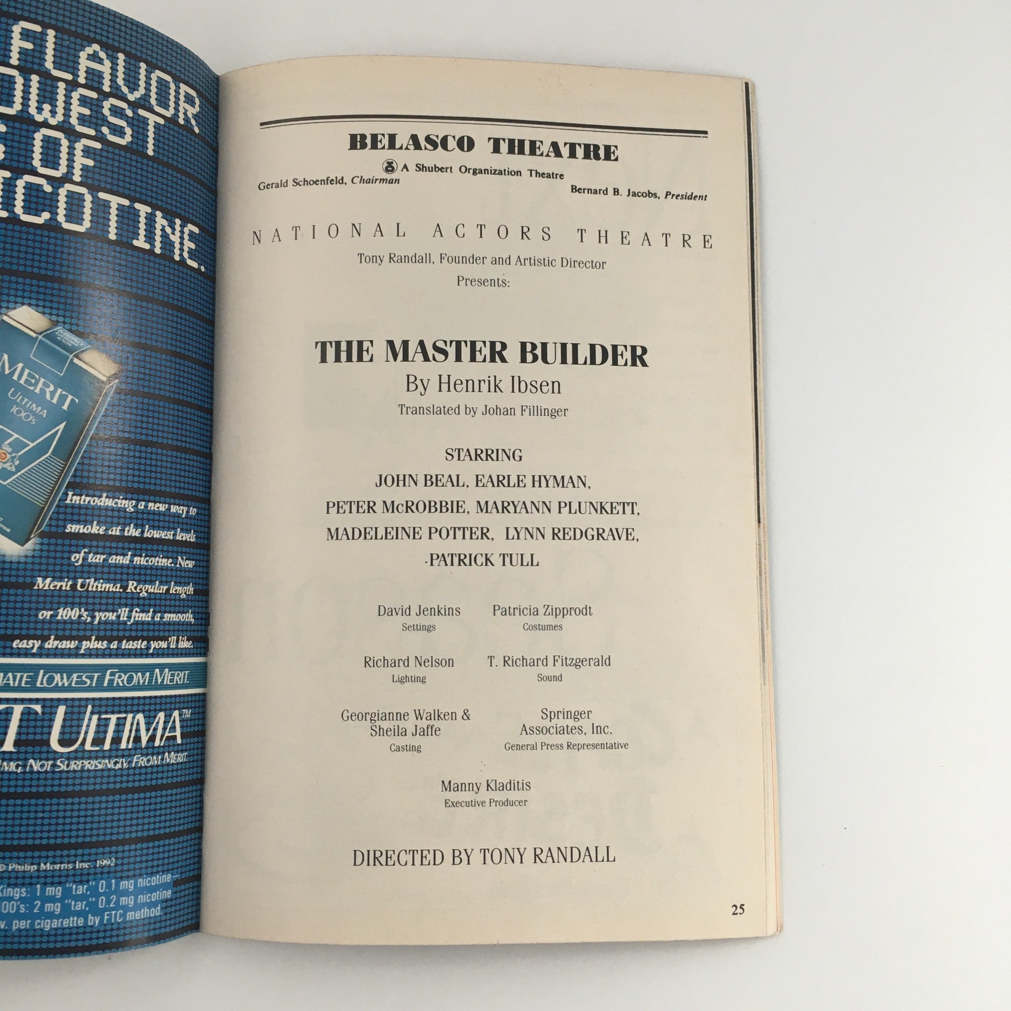 1992 Playbill Belasco Theatre 'The Master Builder' John Beal and Earle Hyman