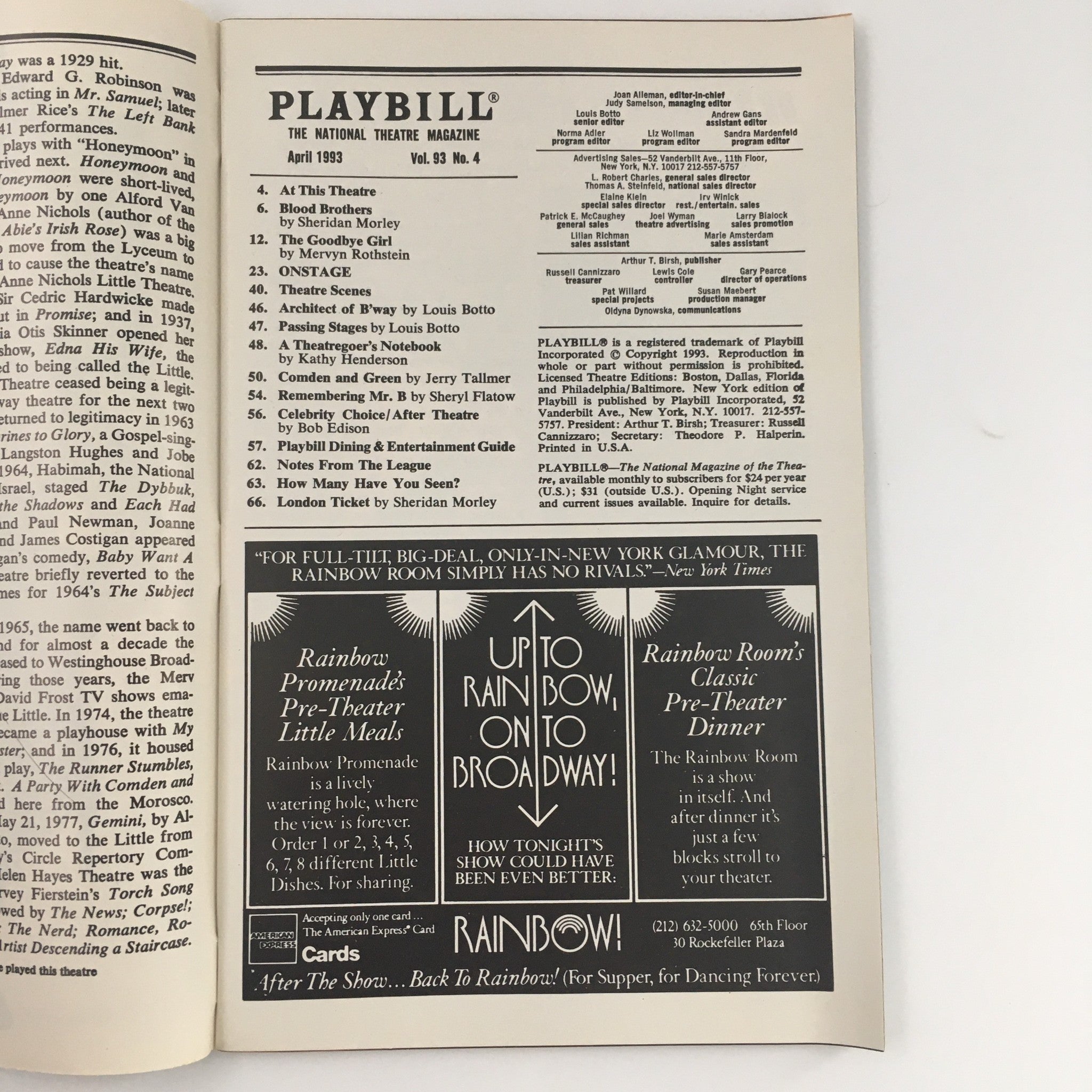 1993 Playbill The Helen Hayes Theatre 'Shakespeare for my Father' John Clark