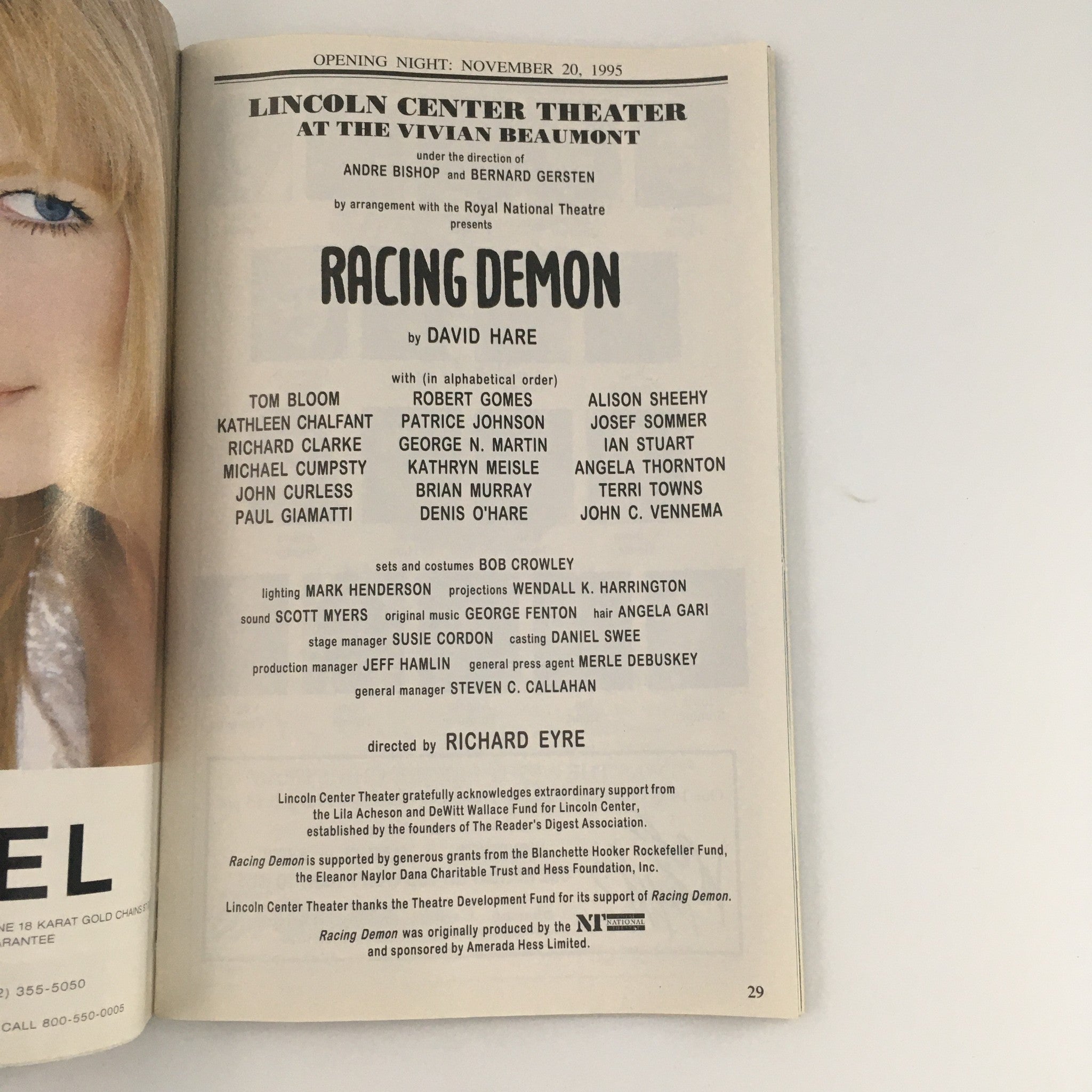 1995 Playbill Lincoln Center Theater 'Racing Demon' Tom Bloom and Robert Gomes