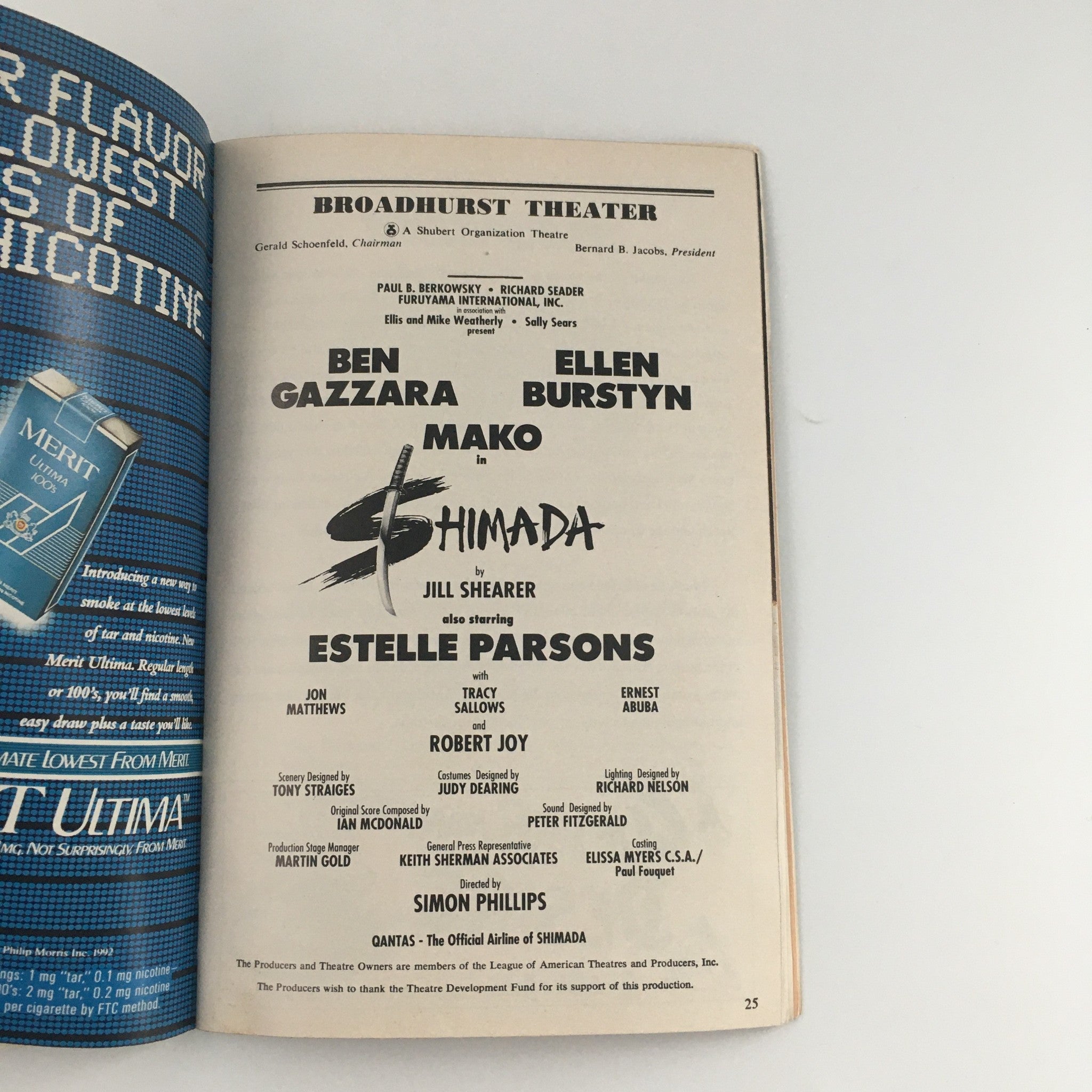 1992 Playbill Broadhurst Theater 'Shimada' Ben Gazzara, Ellen Burtsyn