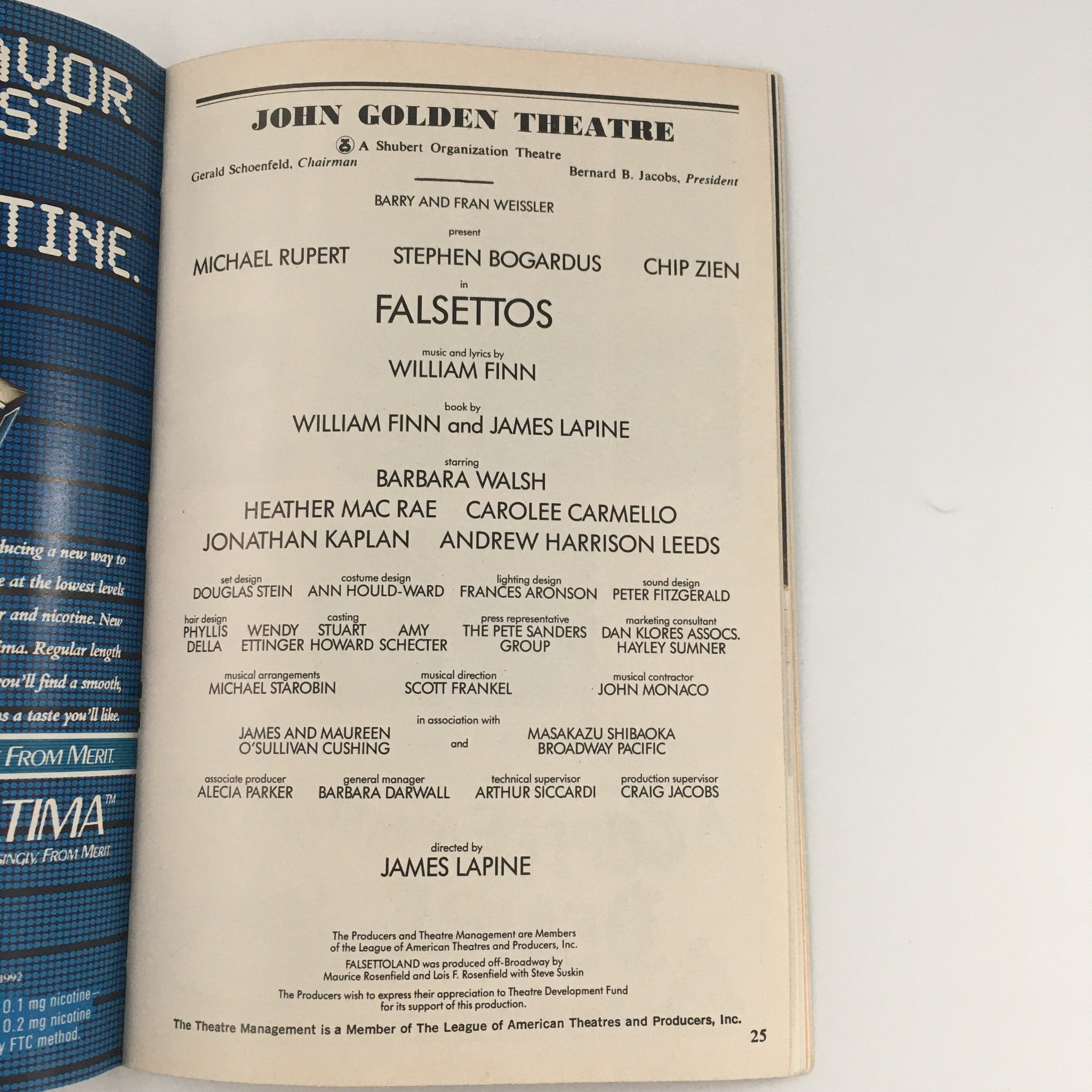 1992 Playbill John Golden Theatre 'Falsetto's' Heather Mac Rae, Jonathan Kaplan