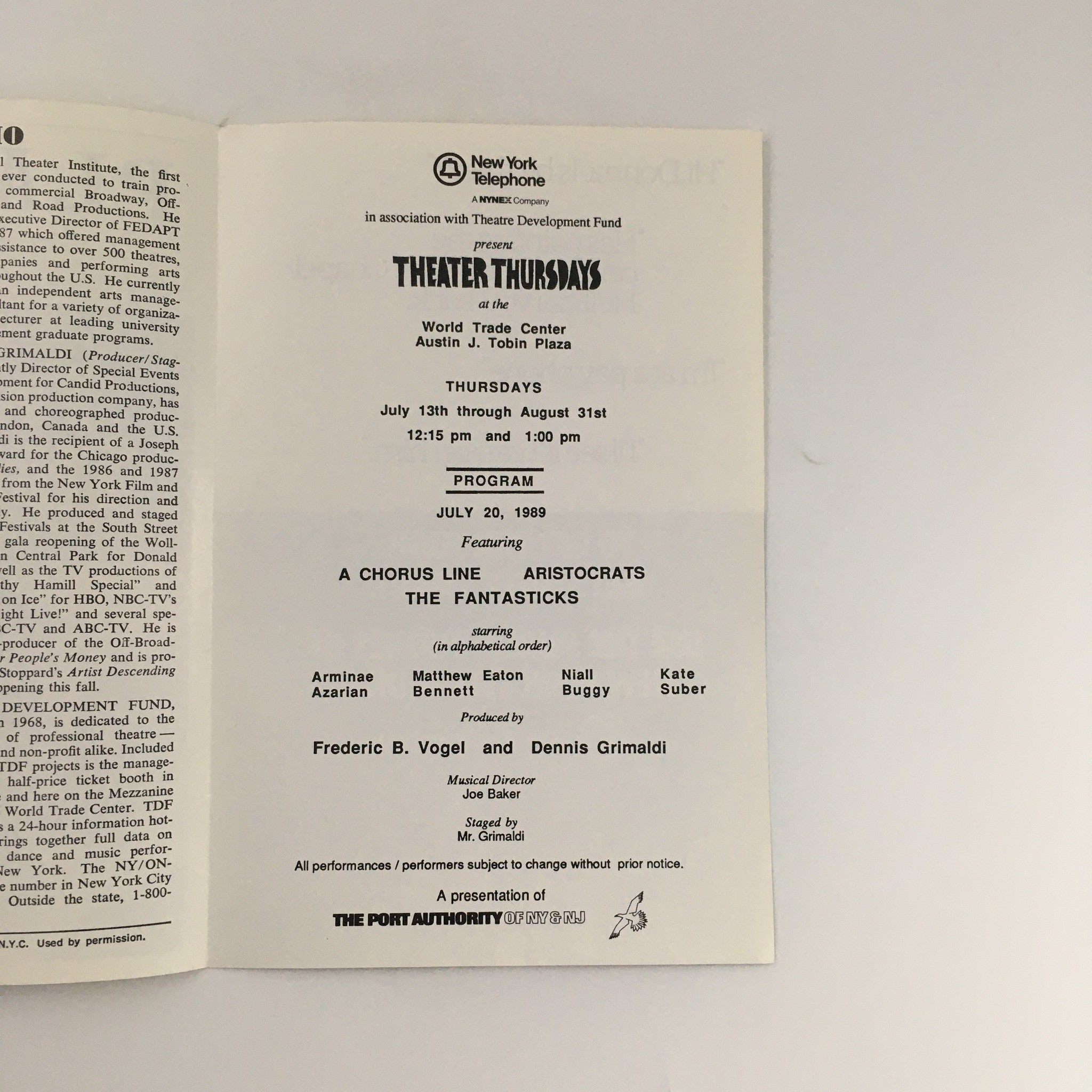 1989 Playbill World Trade Center 'A Chorus Line' Arminae Azarian, Niall Buggy