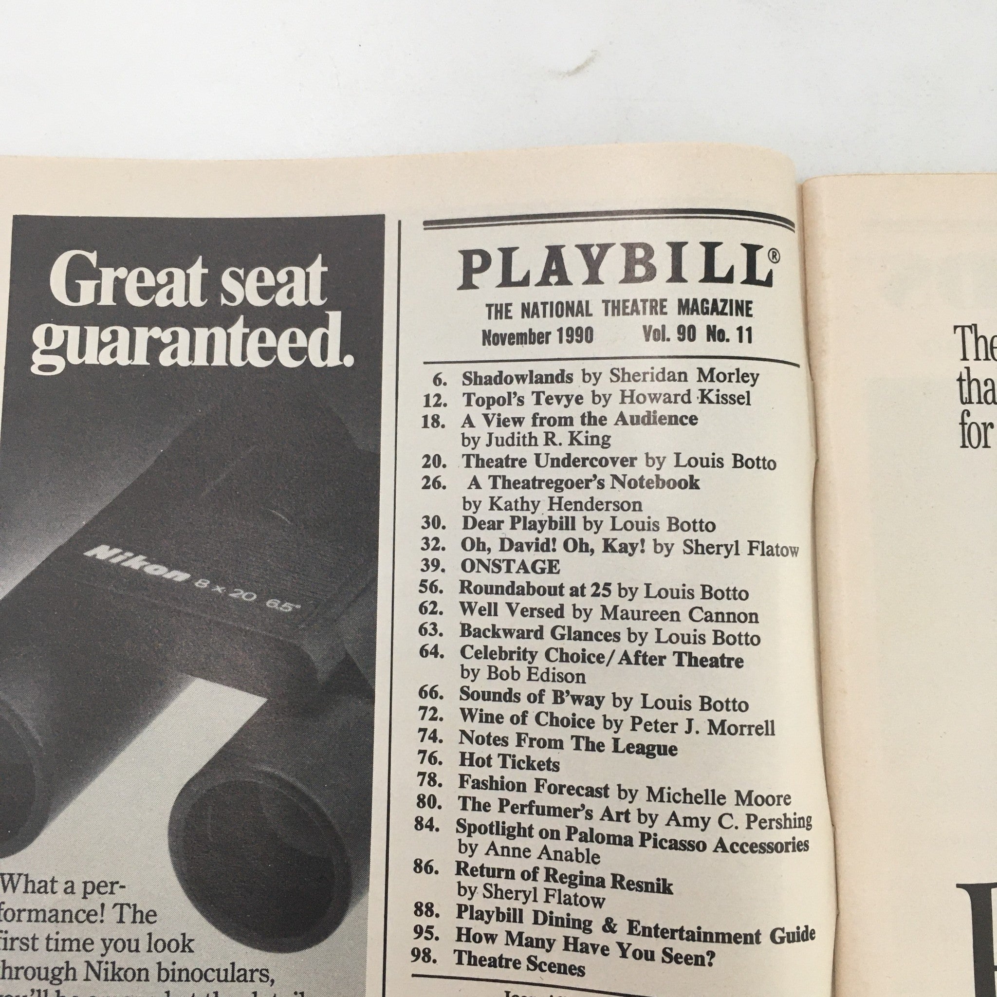 Inside page of the November 1990 Playbill showcasing articles and features from The National Theatre Magazine, including the listing of theatrical productions.