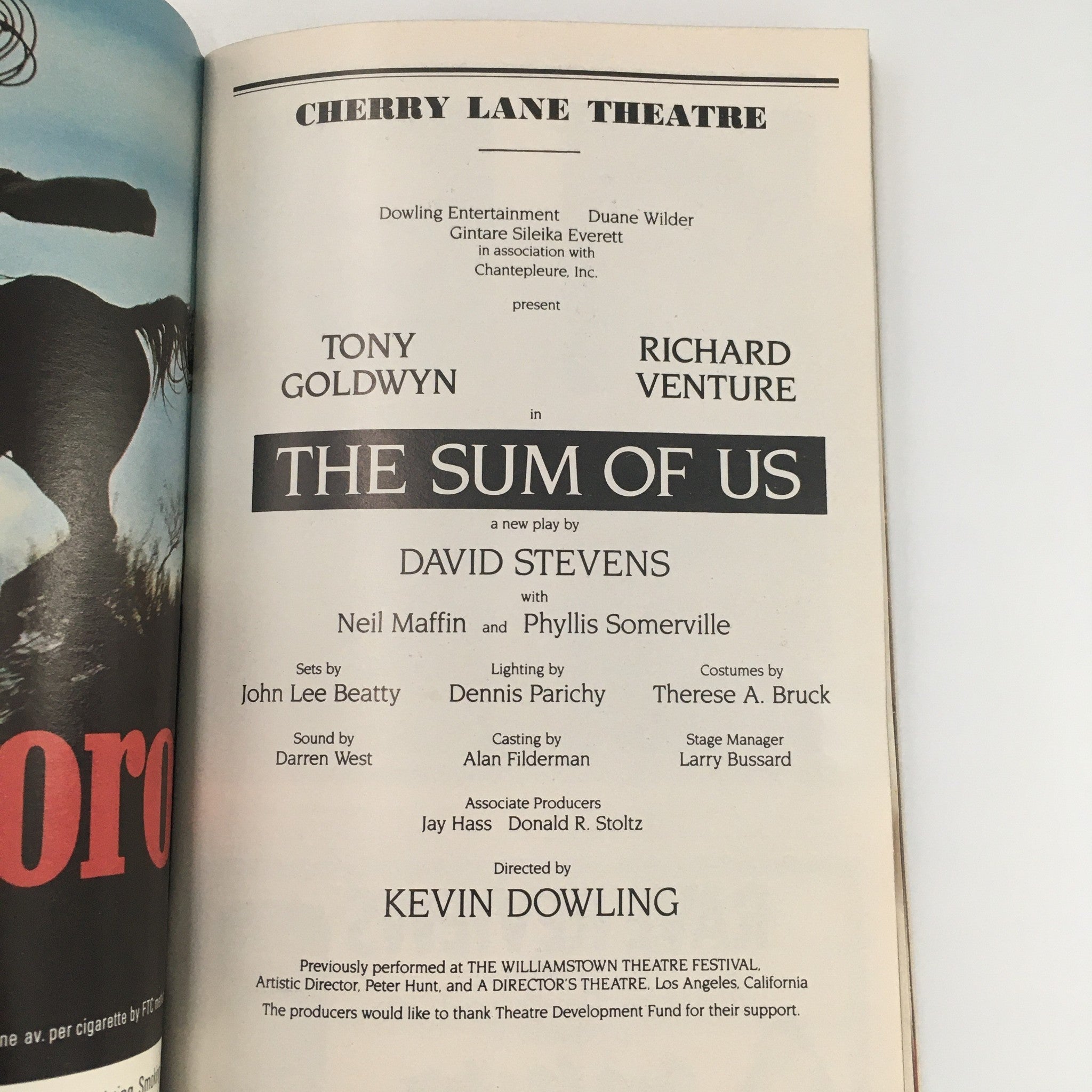 1990 Playbill for 'The Sum of Us' at Cherry Lane Theatre featuring Tony Goldwyn and Richard Venture, showcasing cast and production details.