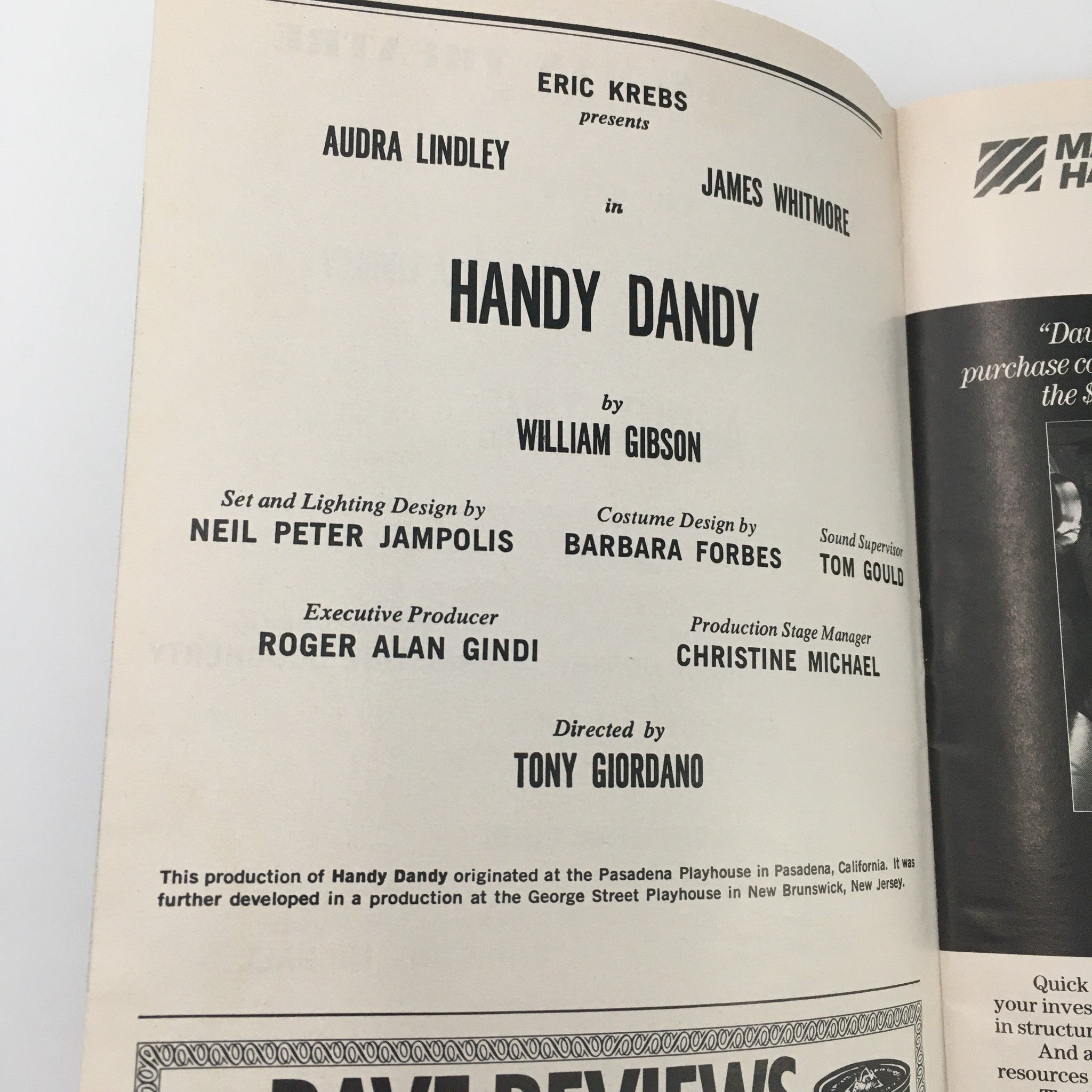 1990 Playbill John Houseman Theatre Presents Handy Dandy by William Gibson