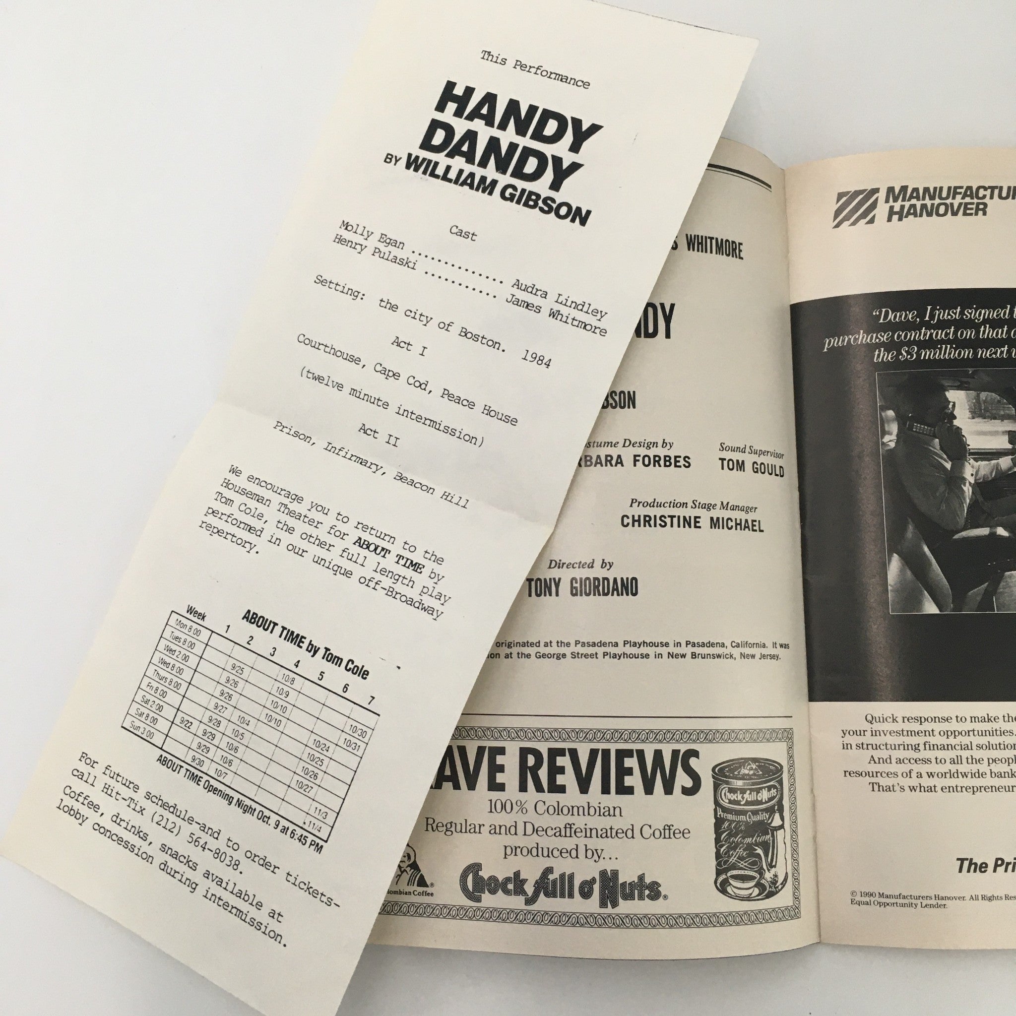 1990 Playbill John Houseman Theatre Presents Handy Dandy by William Gibson