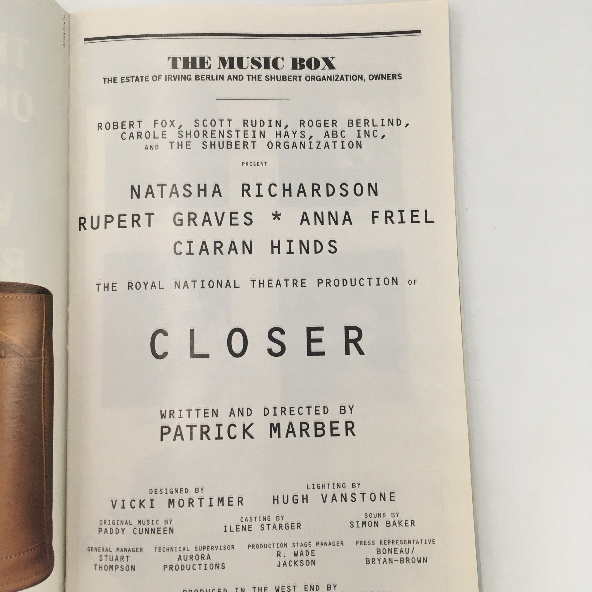 1999 Playbill The Music Box 'Closer' Written and Directed by Patrick Marber