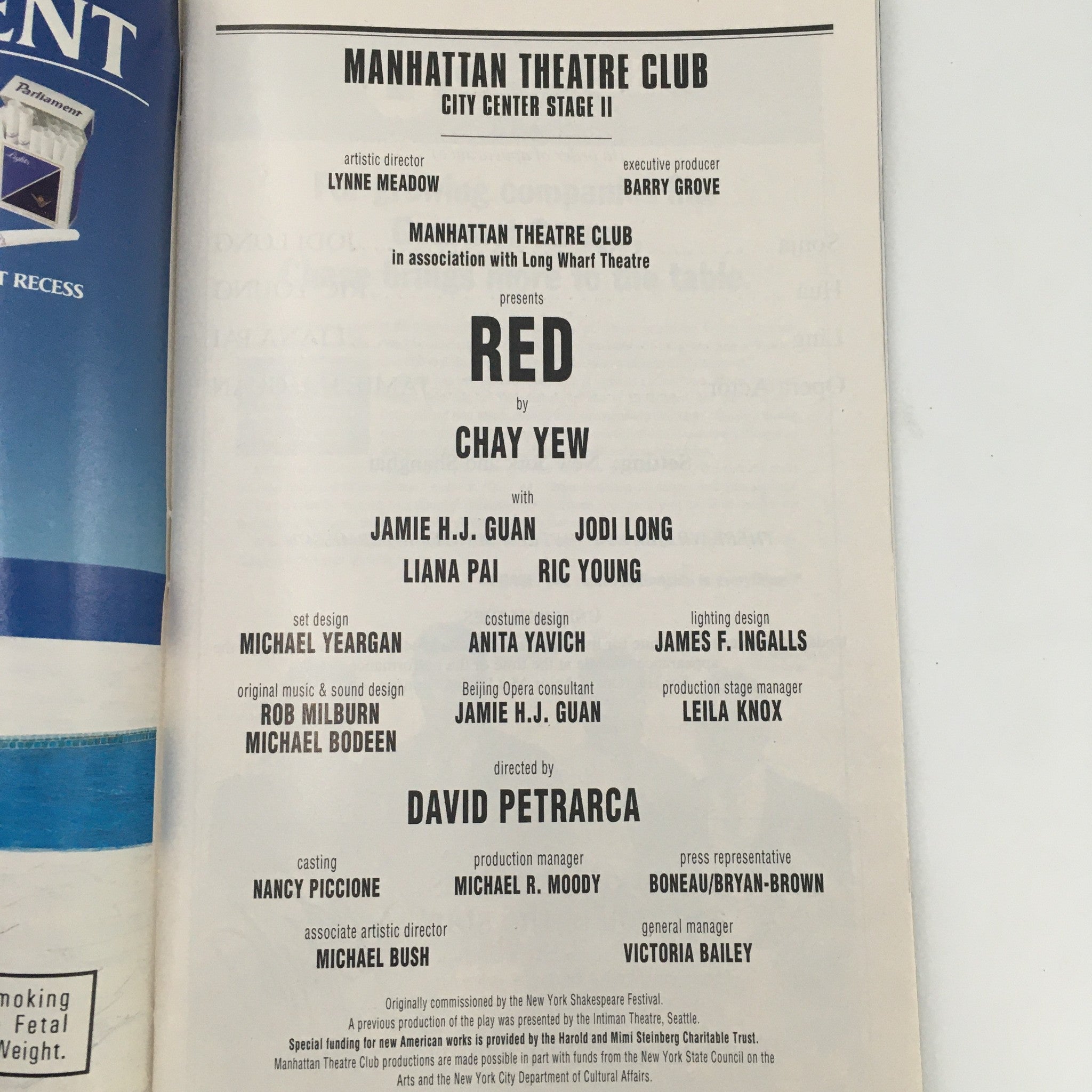 1999 Playbill Manhattan Theatre Club 'Red' by Chay Yew with Jamie H.J. Guan