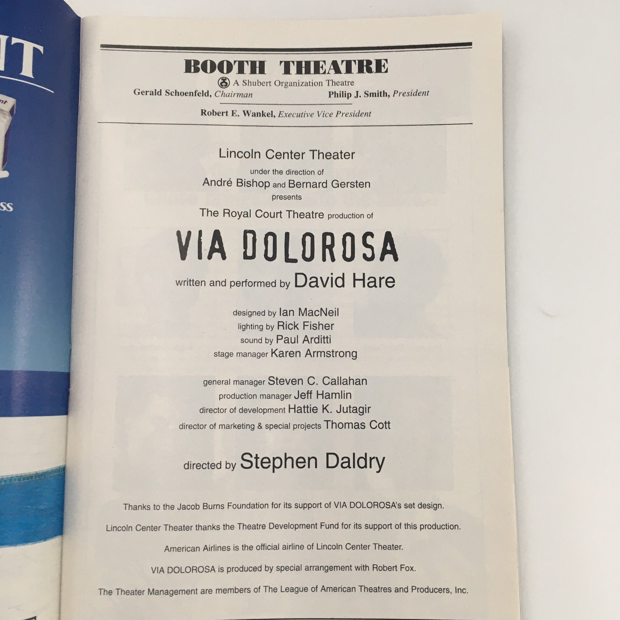 1999 Playbill Booth Theatre ‘Via Dolorosa’ Written and Performed by David Hare