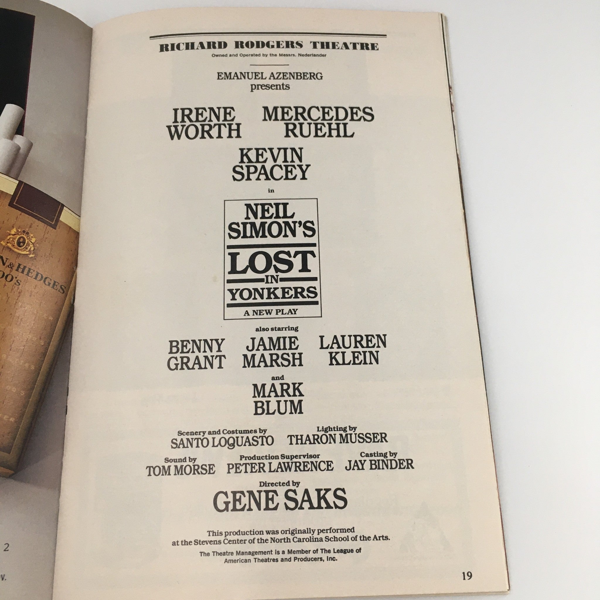 1991 Playbill Richard Rodgers Theatre 'Lost in Yonkers' Benny Grant, Mark Blum