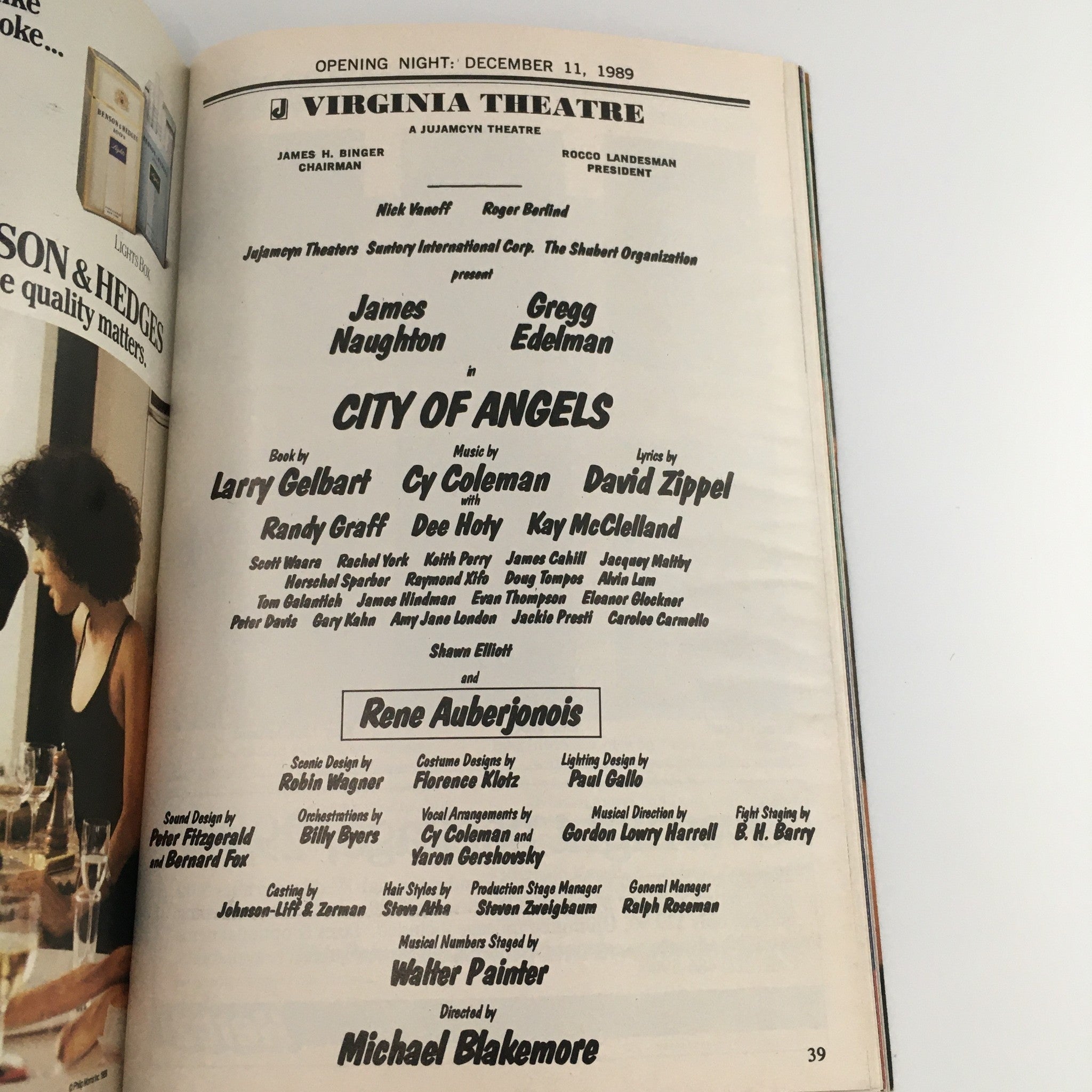 1989 Playbill Virginia Theatre 'City of Angels' James Naughton and Gregg Edelman