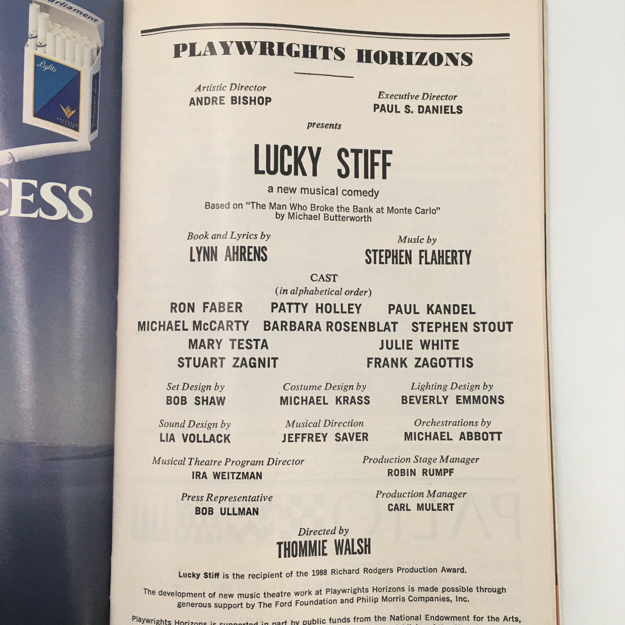 1988 Playbill Playwrights Horizons 'Lucky Stiff' Ron Faber and Patty Holley