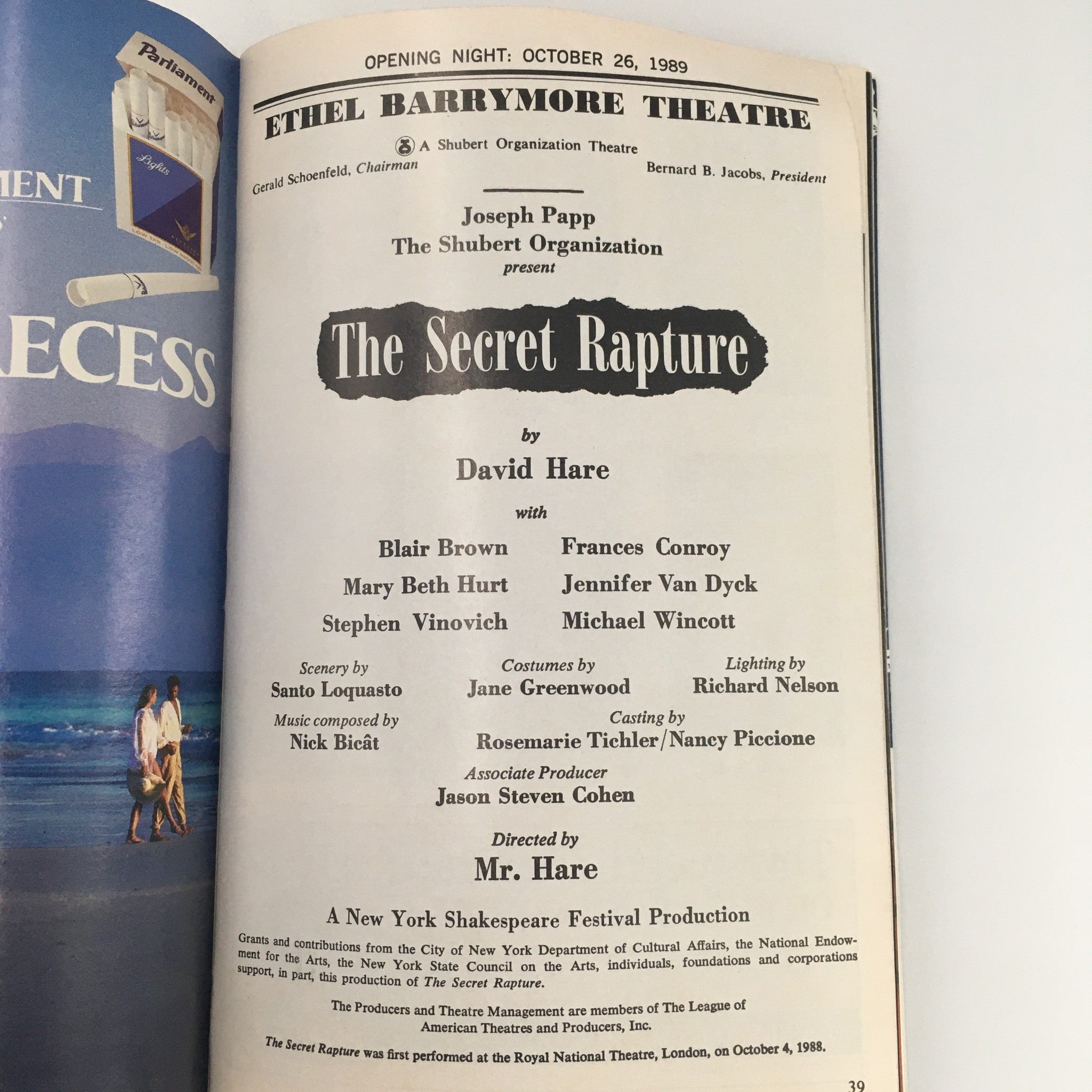 1989 Playbill Ethel Barrymore Theatre 'The Secret Rapture' Mary Beth Hurt