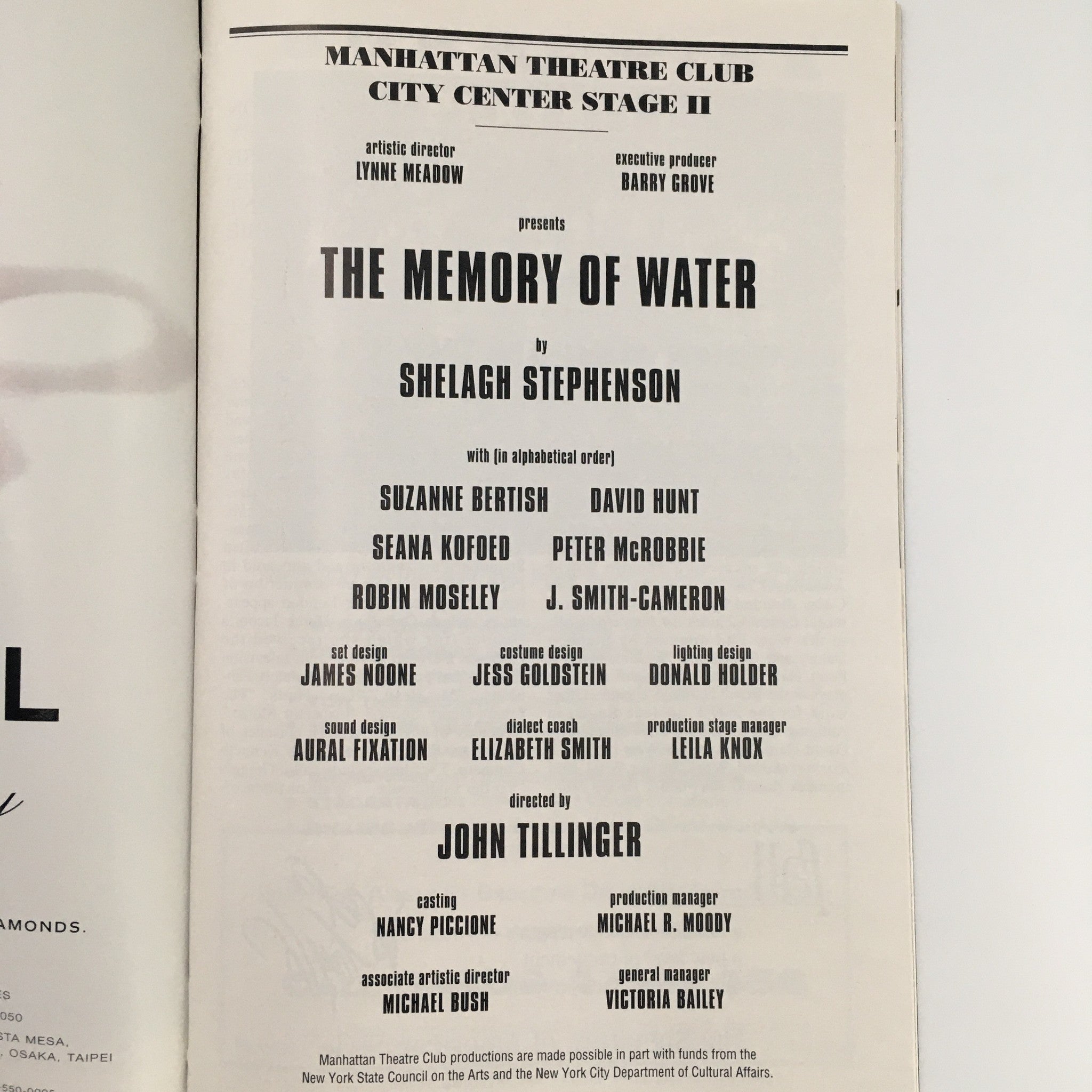 1998 Playbill Manhattan Theatre Club 'The Memory of Water' Suzanne Bertish