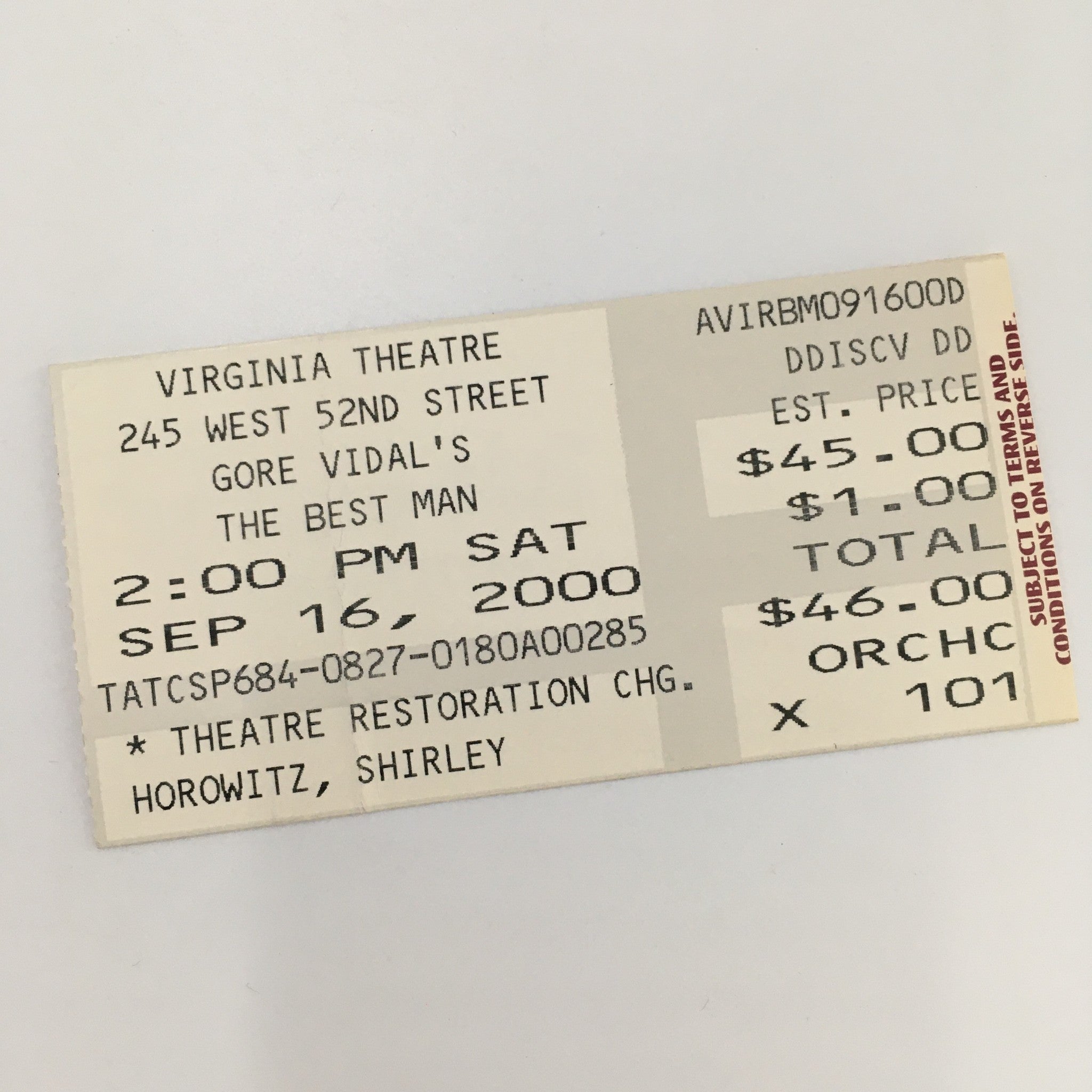 2000 Playbill Virginia Theatre 'Gore Vidal's The Best Man' Mark Blum, Ed Dixon