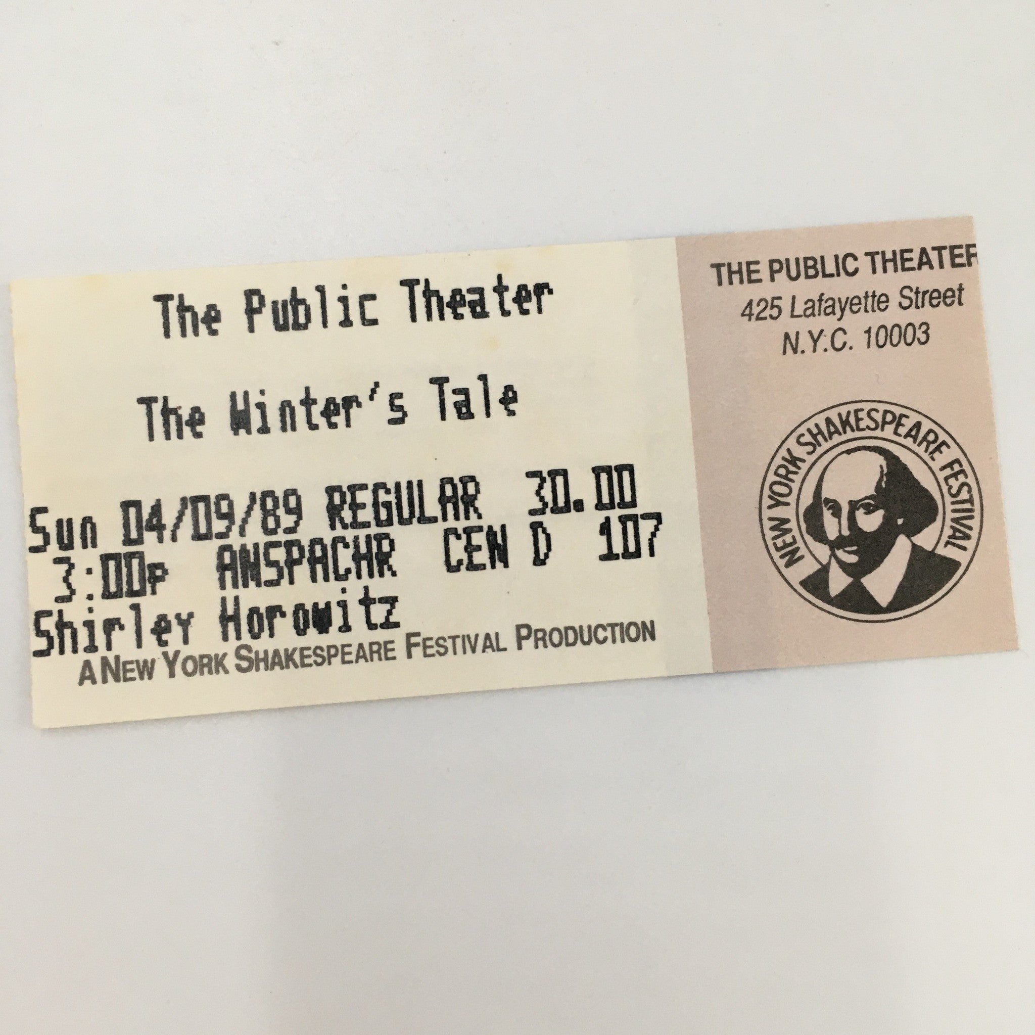 1989 Playbill The Anspacher Theater 'The Winter's Tale' Jesse Bernstein