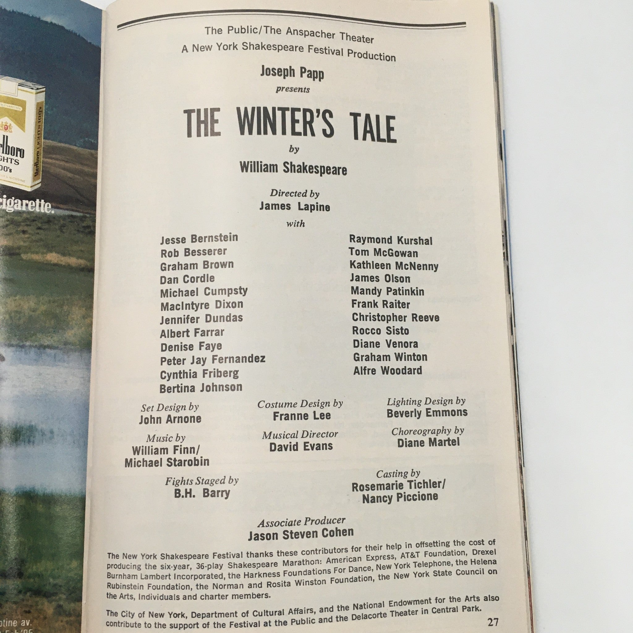 1989 Playbill The Anspacher Theater 'The Winter's Tale' Jesse Bernstein