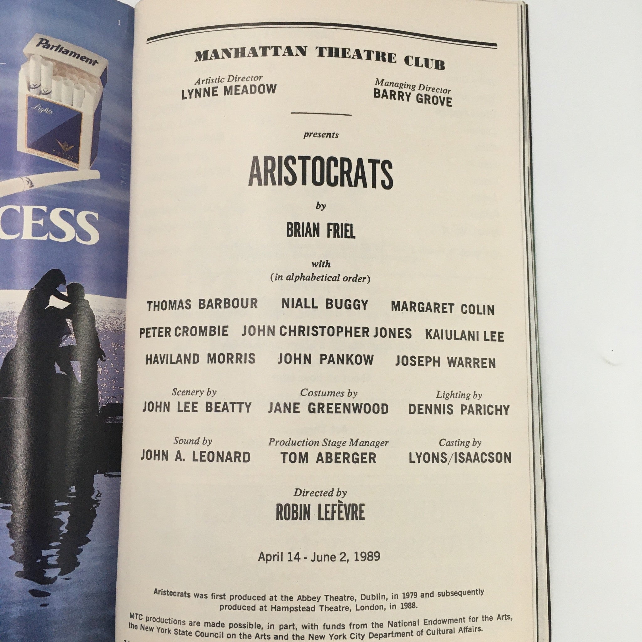 1989 Playbill Manhattan Theatre Club 'Aristocrats' Thomas Barbour, Niall Buggy