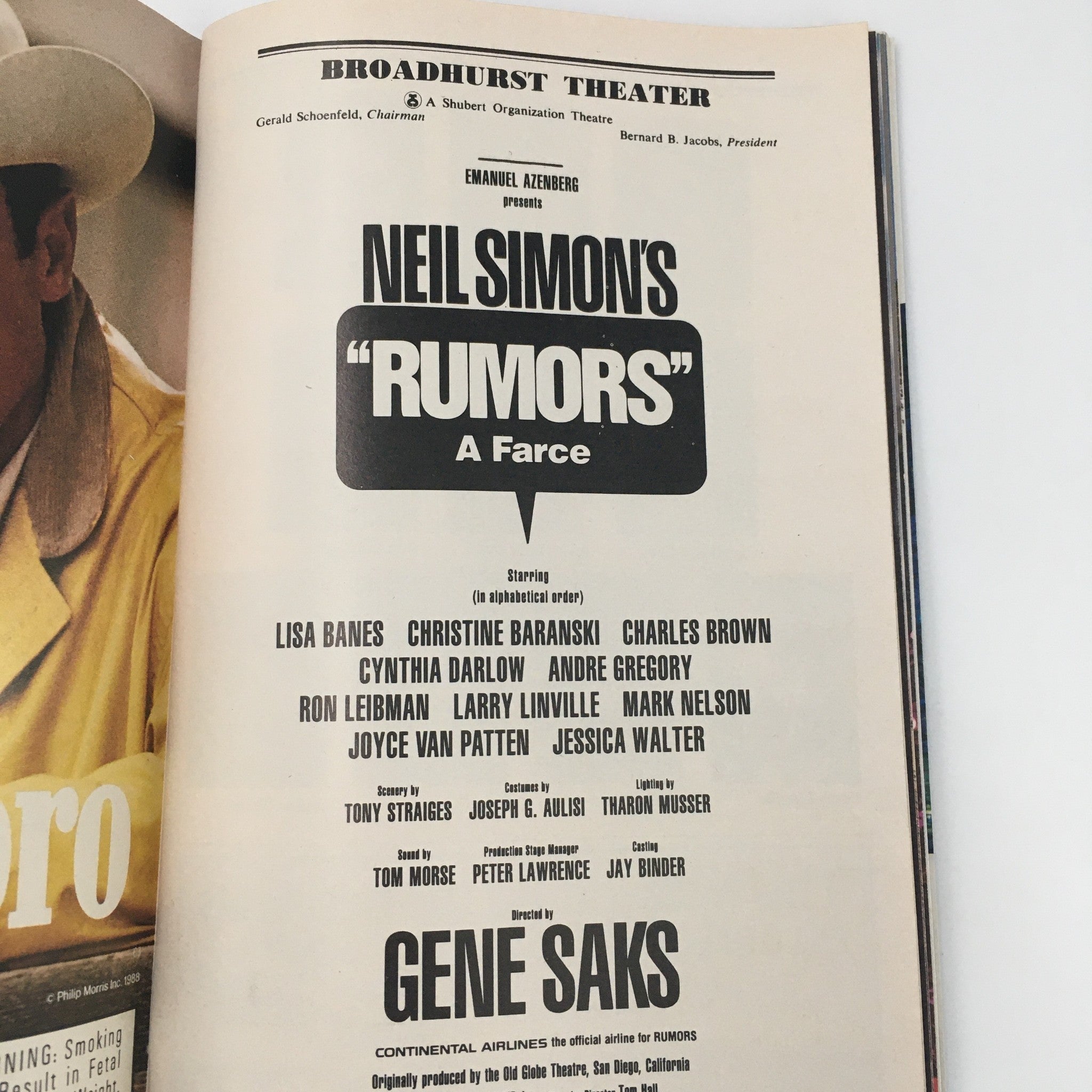 1989 Playbill Broadhurst Theater 'Rumors A Farce' Lisa Banes, Christine Baranski