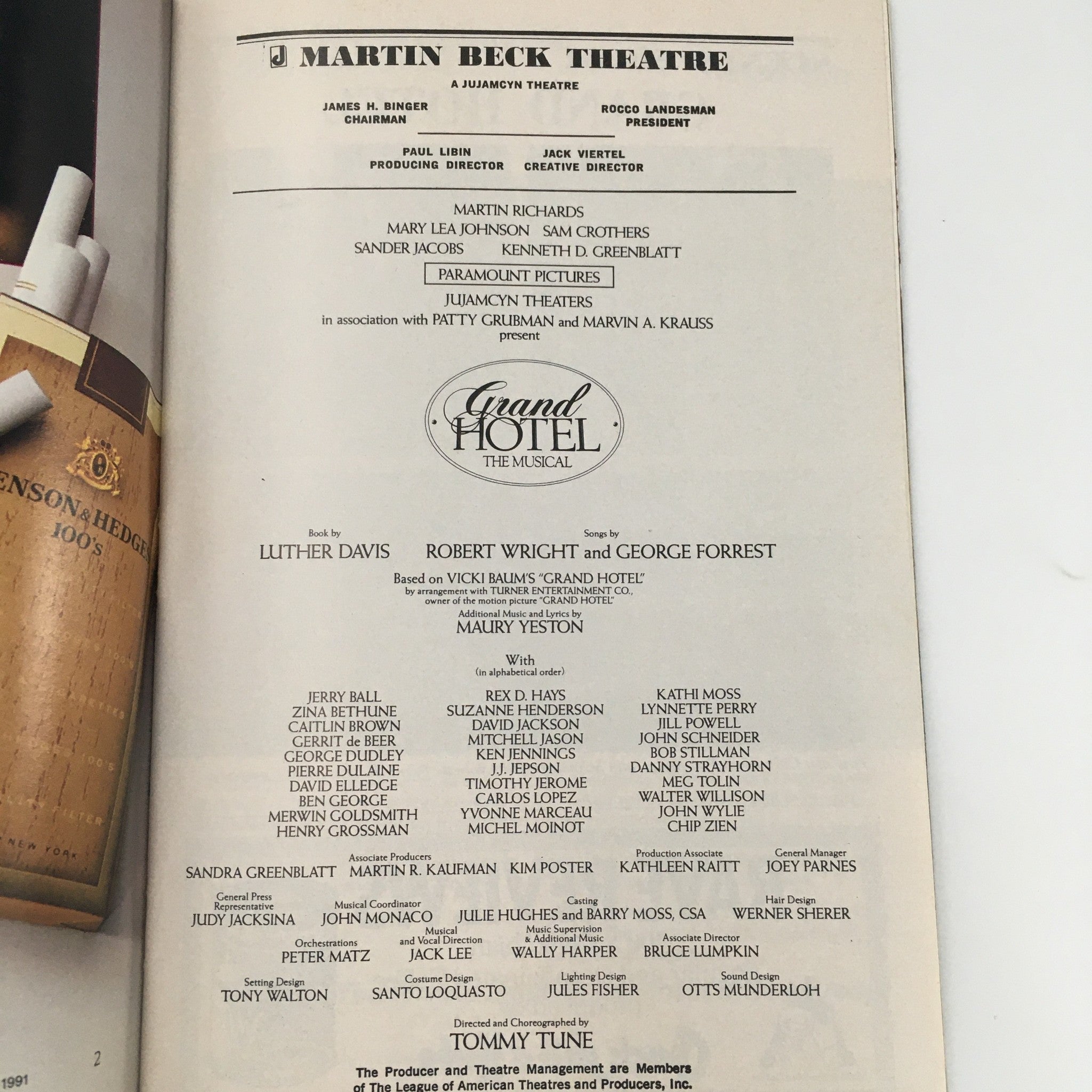 1991 Playbill Martin Beck Theatre 'Grand Hotel The Musical' Mary Lea Johnson