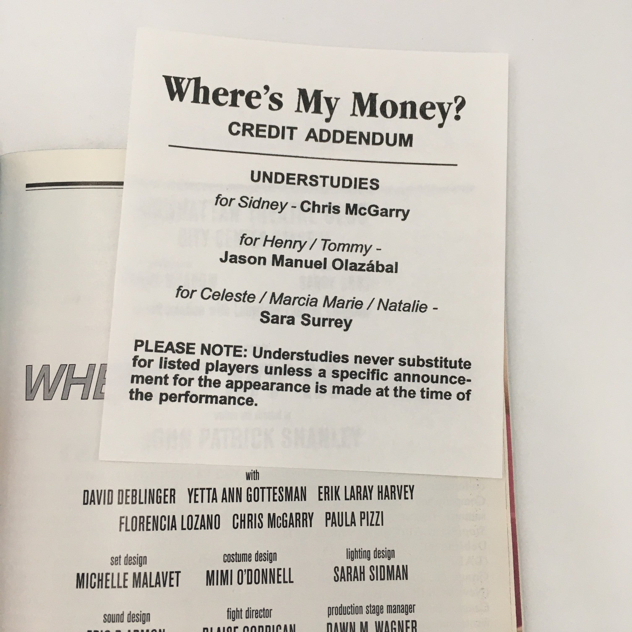 2001 Playbill Manhattan Theatre Club 'Where's My Money?' Yetta Ann Gottesman