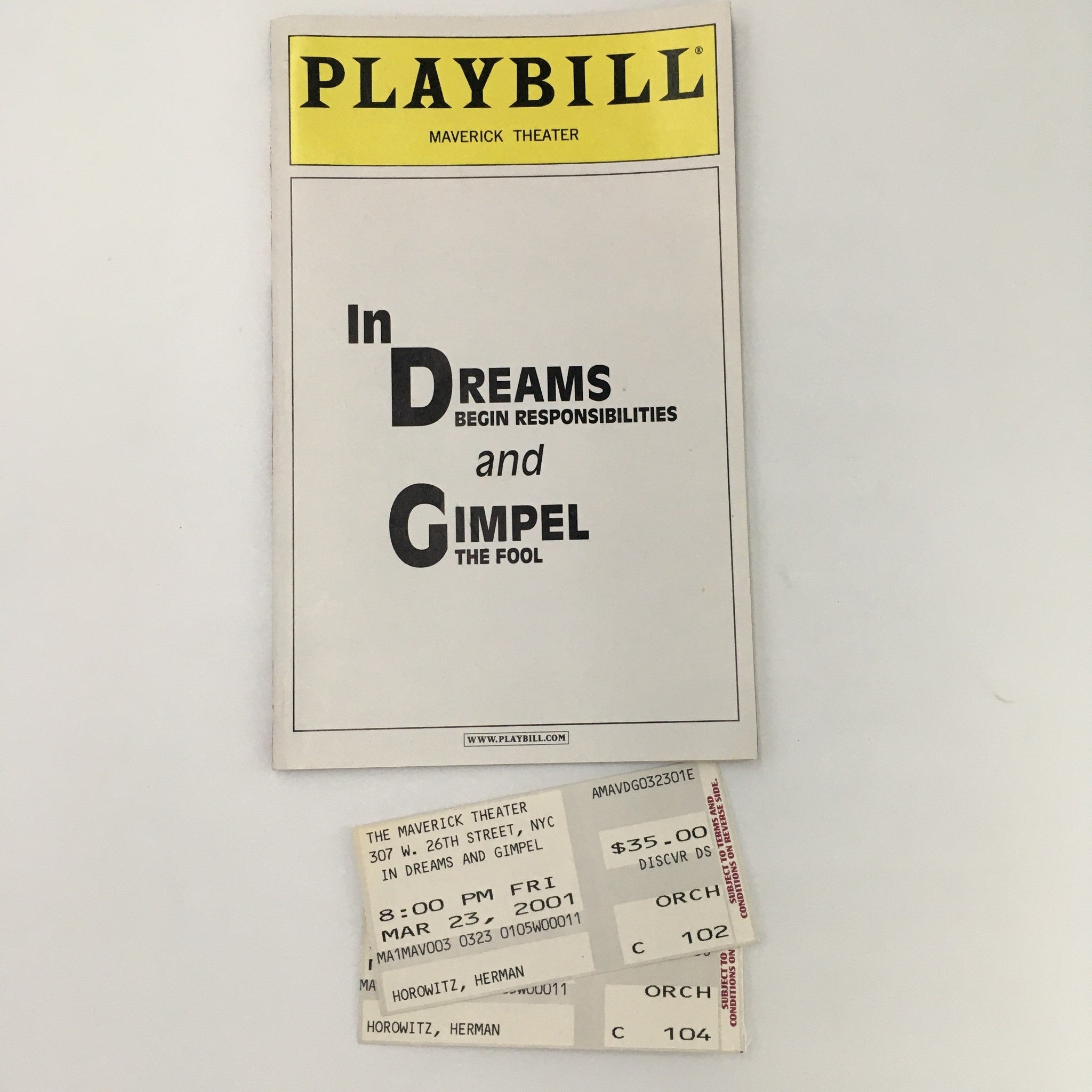 2001 Playbill Maverick Theater 'In Dreams and Gimpel' David Margulies