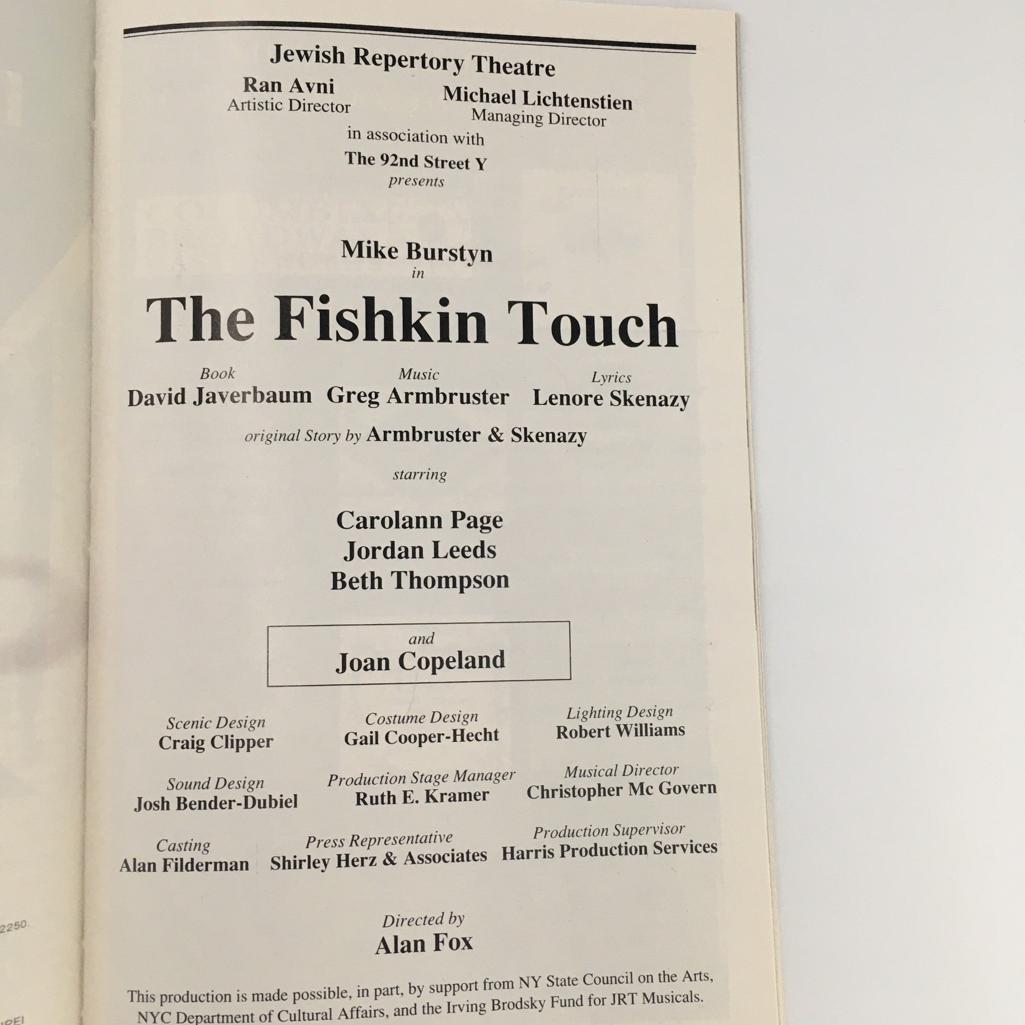 1998 Playbill Jewish Repertory Theatre 'The Fishkin Touch' Carolann Page