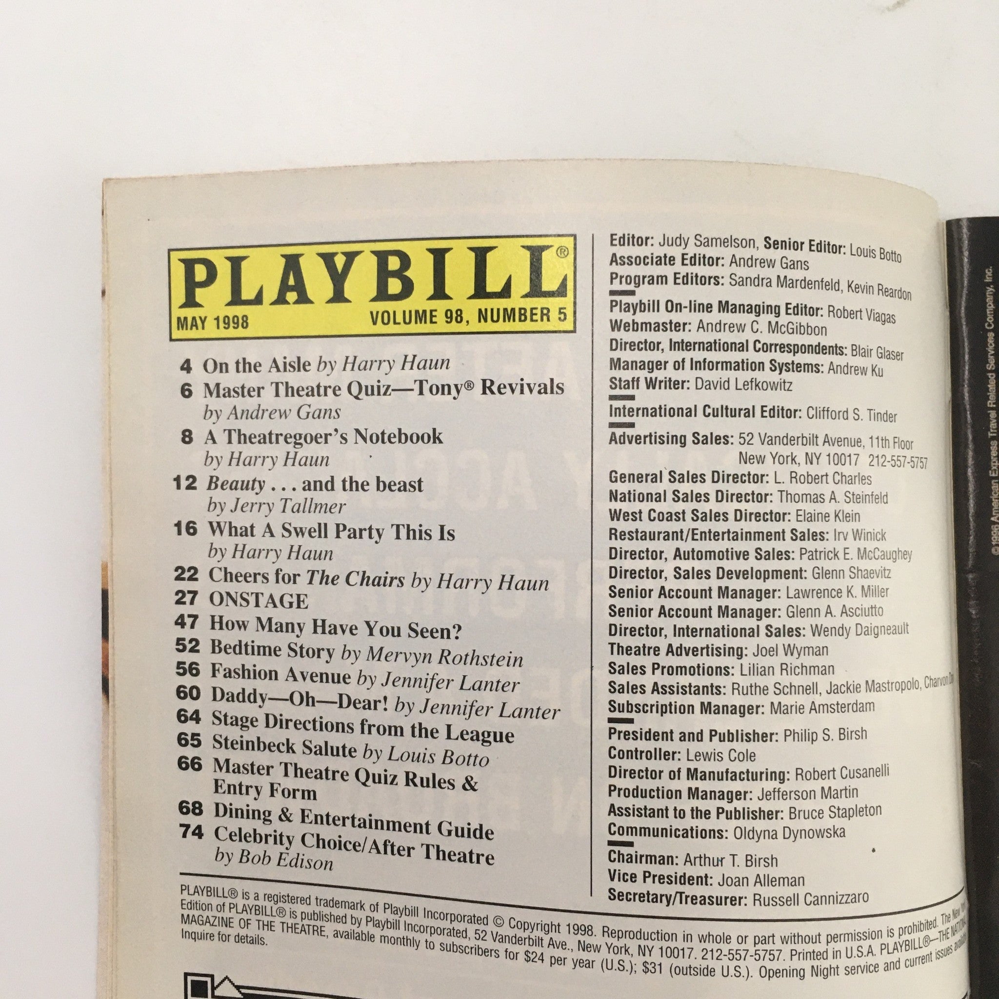 1998 Playbill Belasco Theatre 'Honour' Jane Alexander and Robert Foxworth