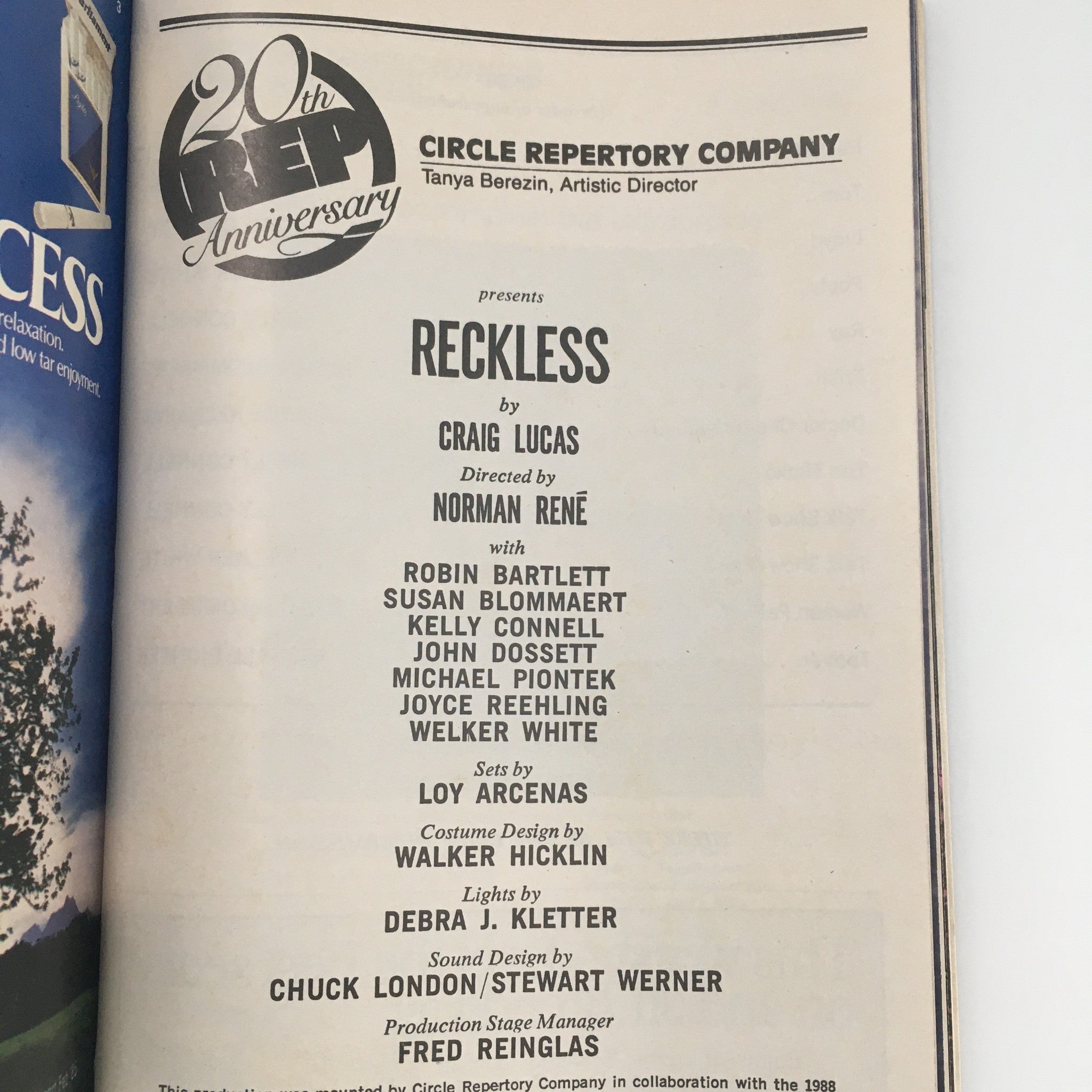 1988 Playbill Circle Repertory Company ‘Reckless’ by Craig Lucas