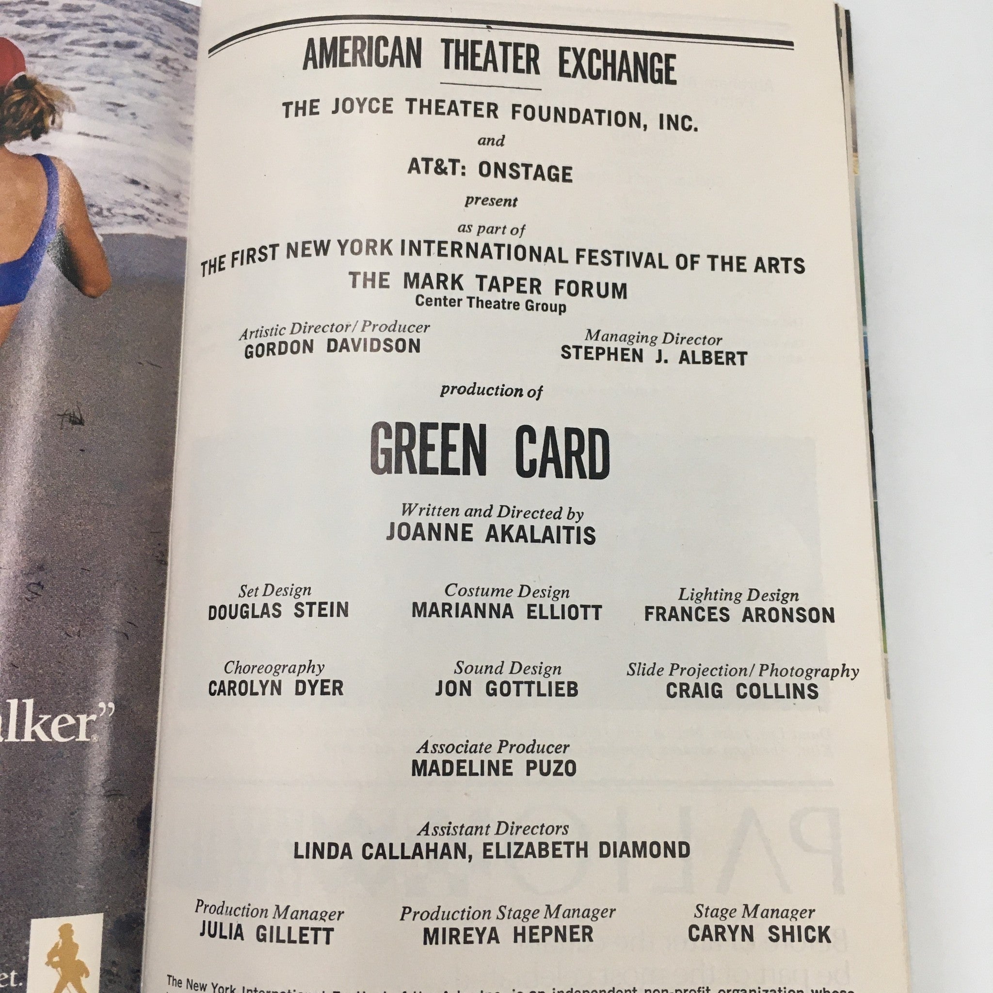 1988 Playbill Joyce Theater ‘Green Card’ Written & Directed by Joanne Akalaitis