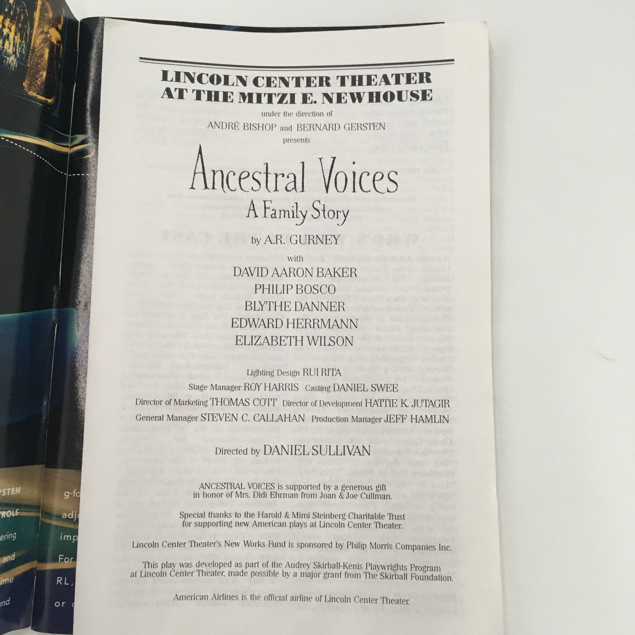 1999 Playbill Mitzi E. Newhouse 'Ancestral Voices A Family Story' by A.R. Gurney