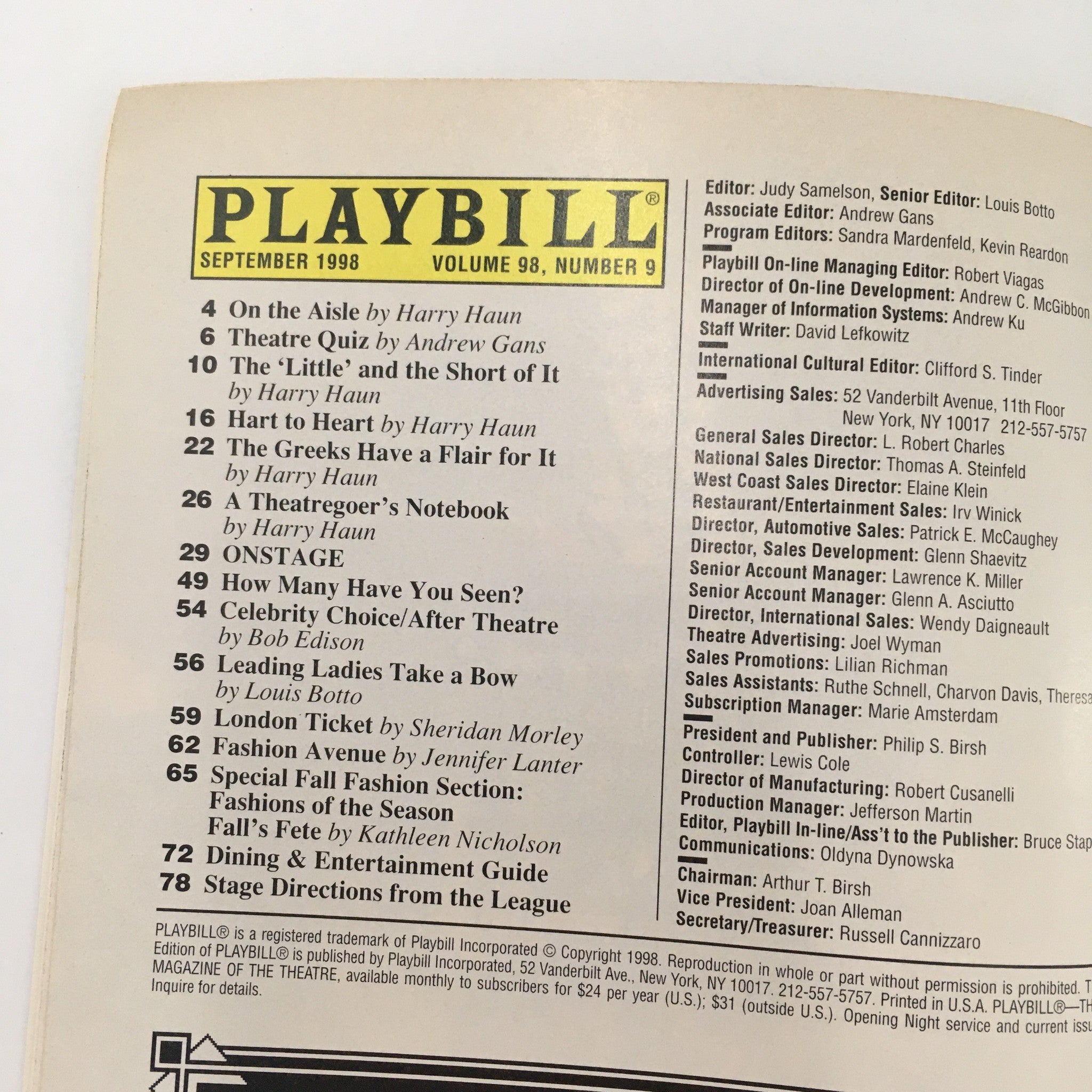 1998 Playbill Lucille Lortel Theatre 'Collected Stories' by Donald Margulies