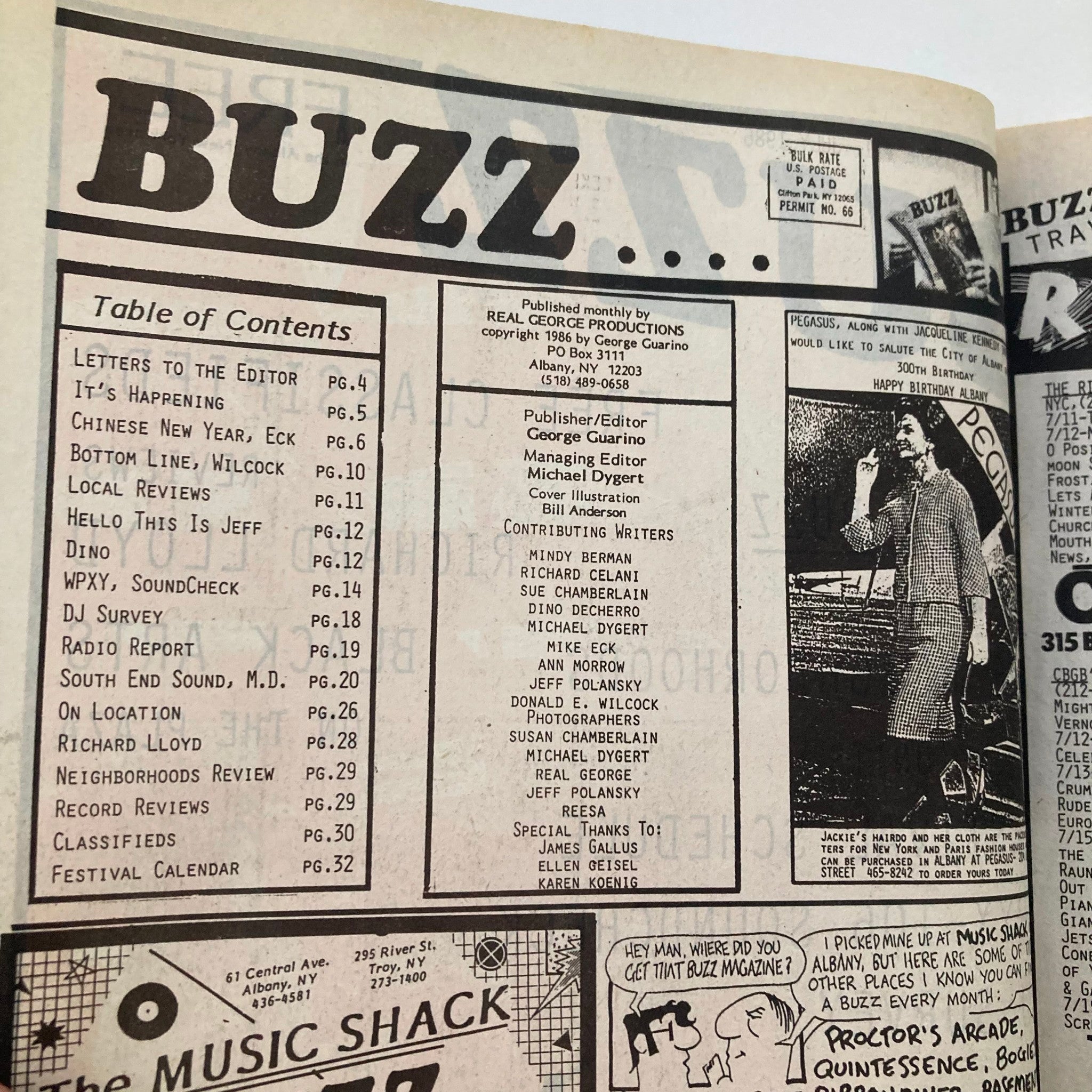 Table of Contents page from the VTG Buzz Music Magazine July 1986 Vol 11 #11, detailing various articles including letters to the editor, local reviews, and features on influential bands.