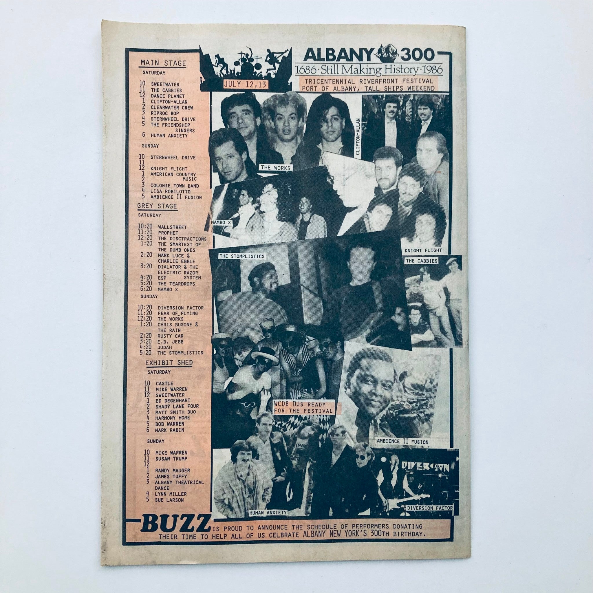 Back page of the VTG Buzz Music Magazine July 1986 Vol 11 #11, highlighting the Albany 300 festival schedule with images of performers and events, celebrating Albany, New York's 300th birthday.