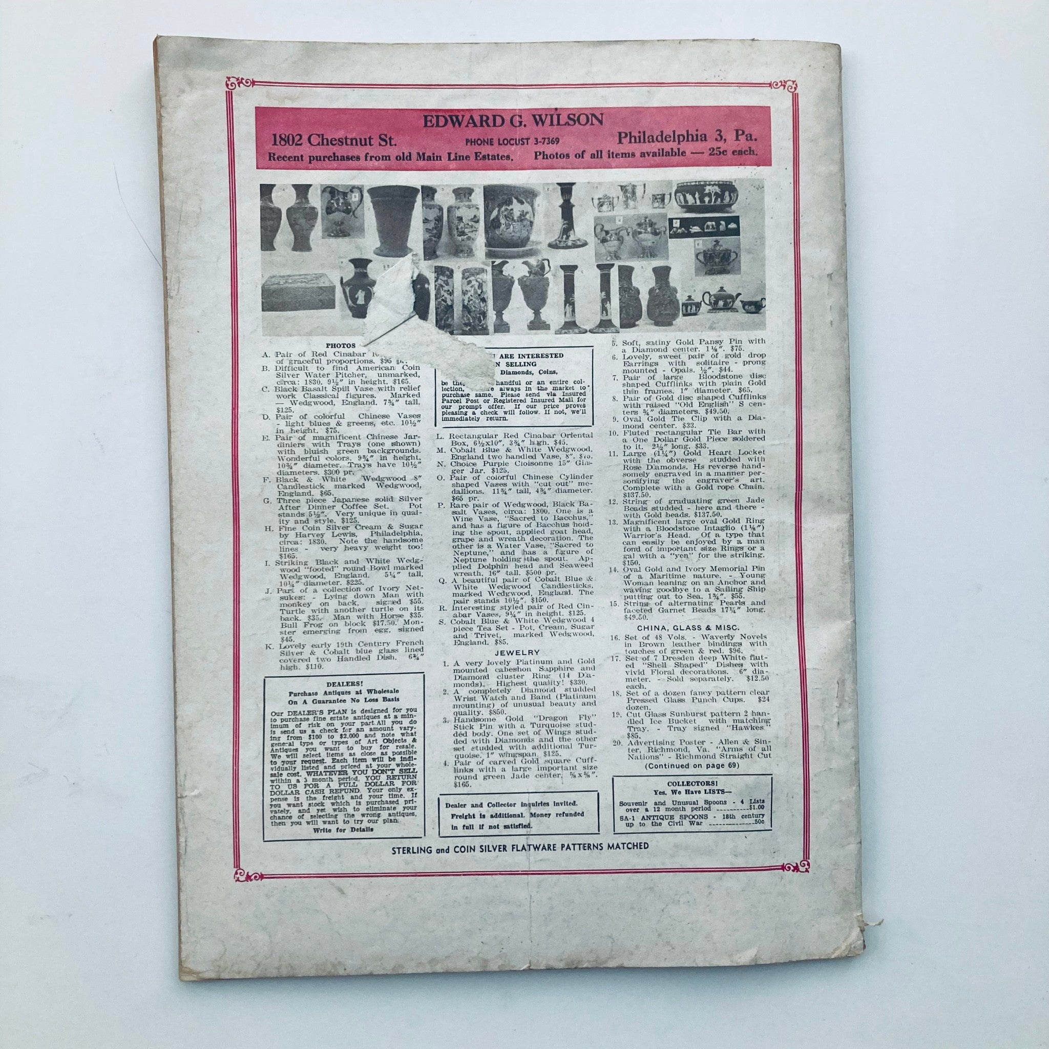 Back cover of VTG Hobbies Magazine June 1964, showcasing an advertisement by Edward G. Wilson, featuring collectible antiques.